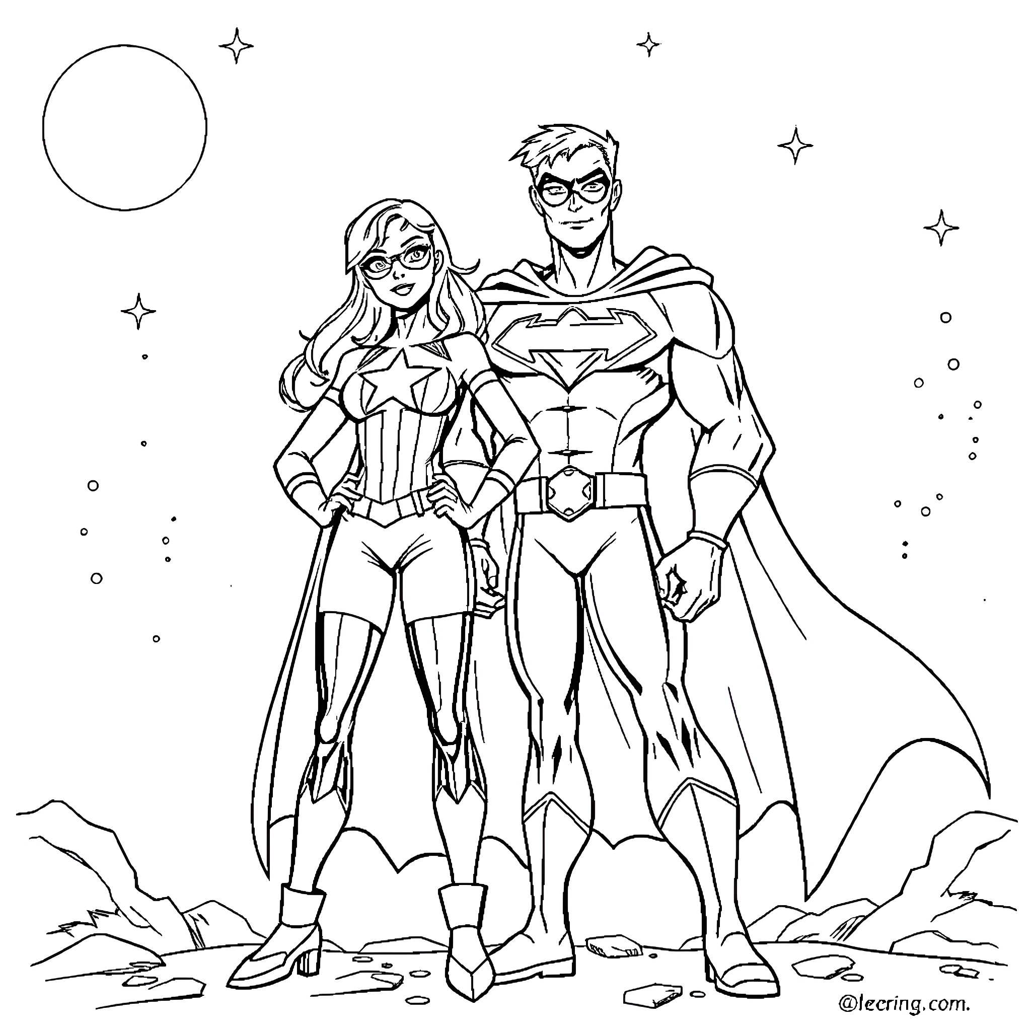 Mysterion: Superhero Duo Saving the Night Coloring Page (free black-and-white line drawing printable PDF for all, from beginners to advanced learners, including children, teens, adults, and seniors)