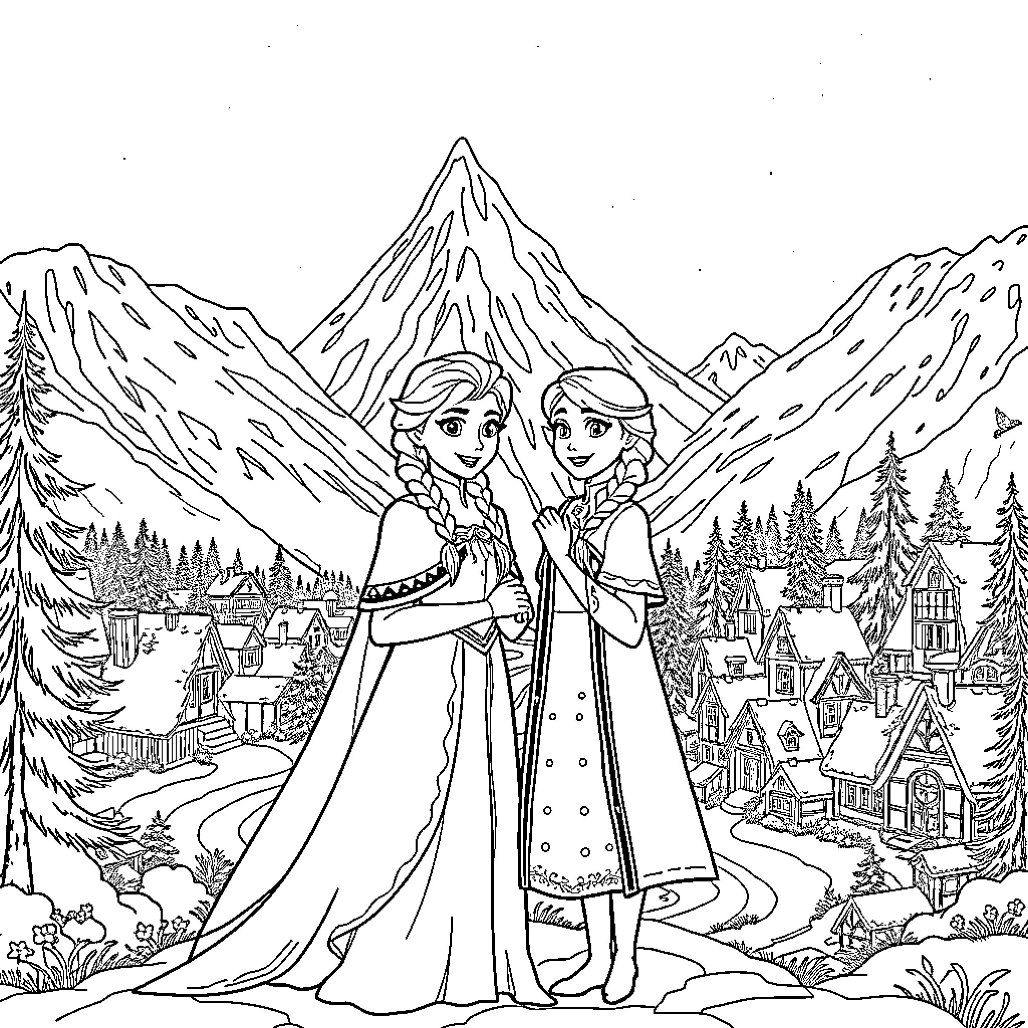 Elsa and Anna exploring the snowy mountains and village Coloring Page (free black-and-white line drawing printable PDF for all, from beginners to advanced learners, including children, teens, adults, and seniors)