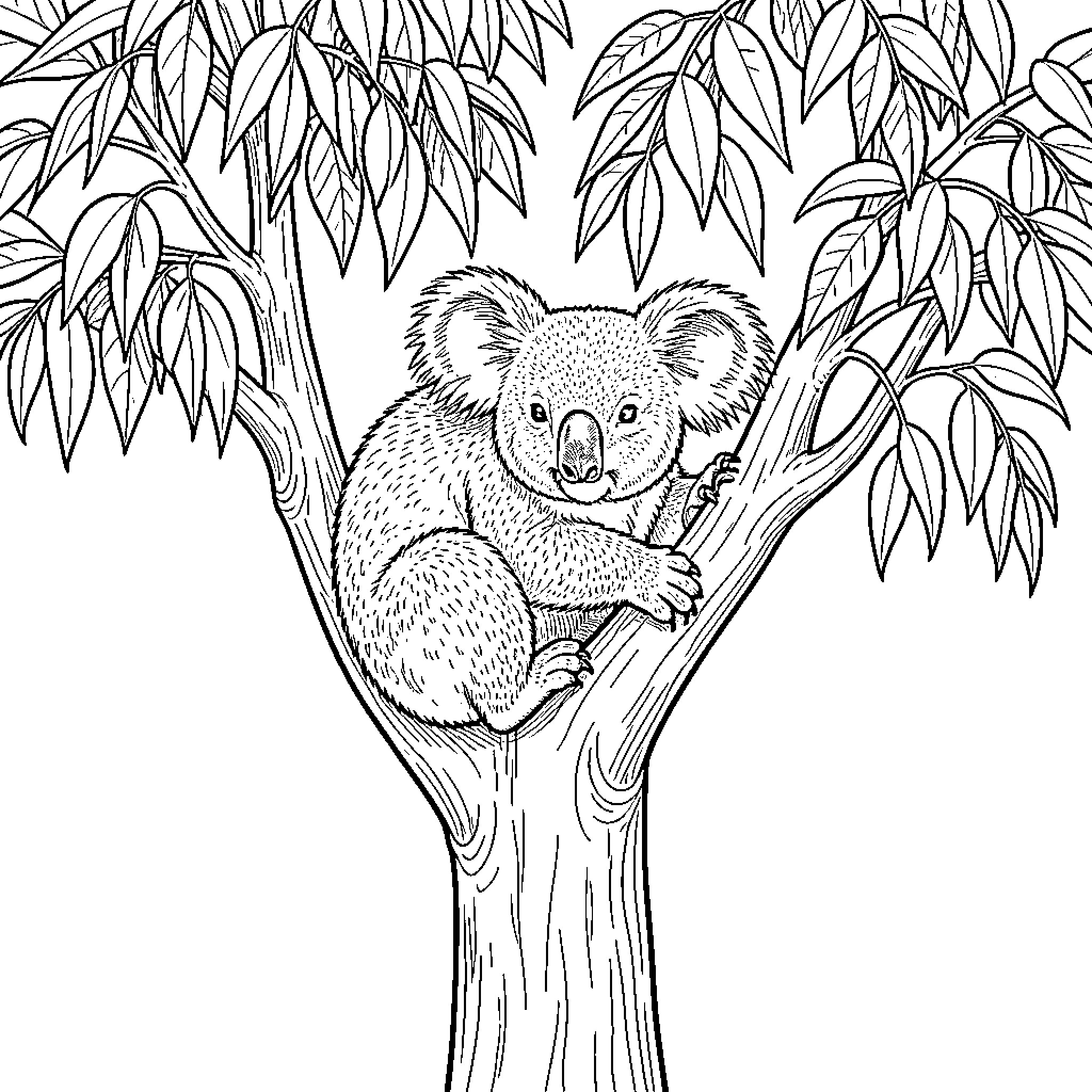 Koala sitting peacefully on a tree branch Coloring Page (free black-and-white line drawing printable PDF for all, from beginners to advanced learners, including children, teens, adults, and seniors)