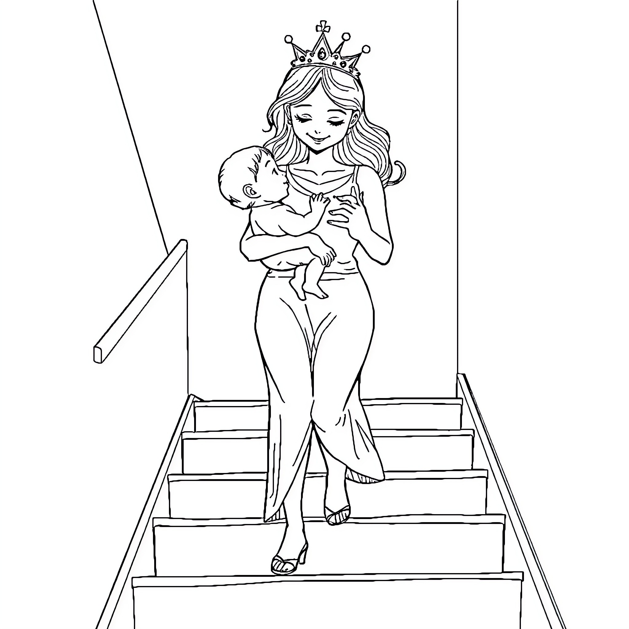 Mother holding and caring for her baby Coloring Page (free black-and-white line drawing printable PDF for all, from beginners to advanced learners, including children, teens, adults, and seniors)