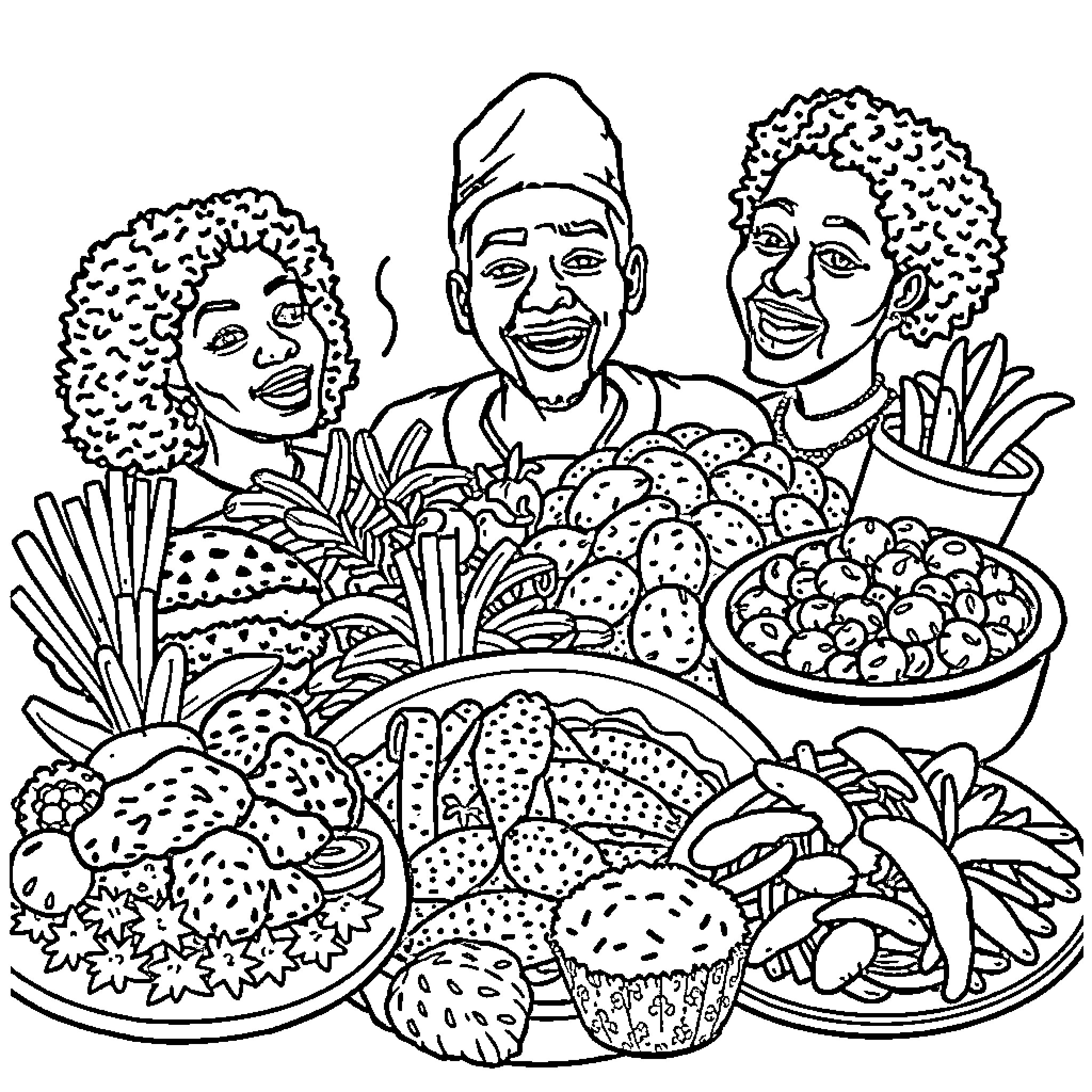 Food Sharing and Enjoyment Among Friends Coloring Page (free black-and-white line drawing printable PDF for all, from beginners to advanced learners, including children, teens, adults, and seniors)
