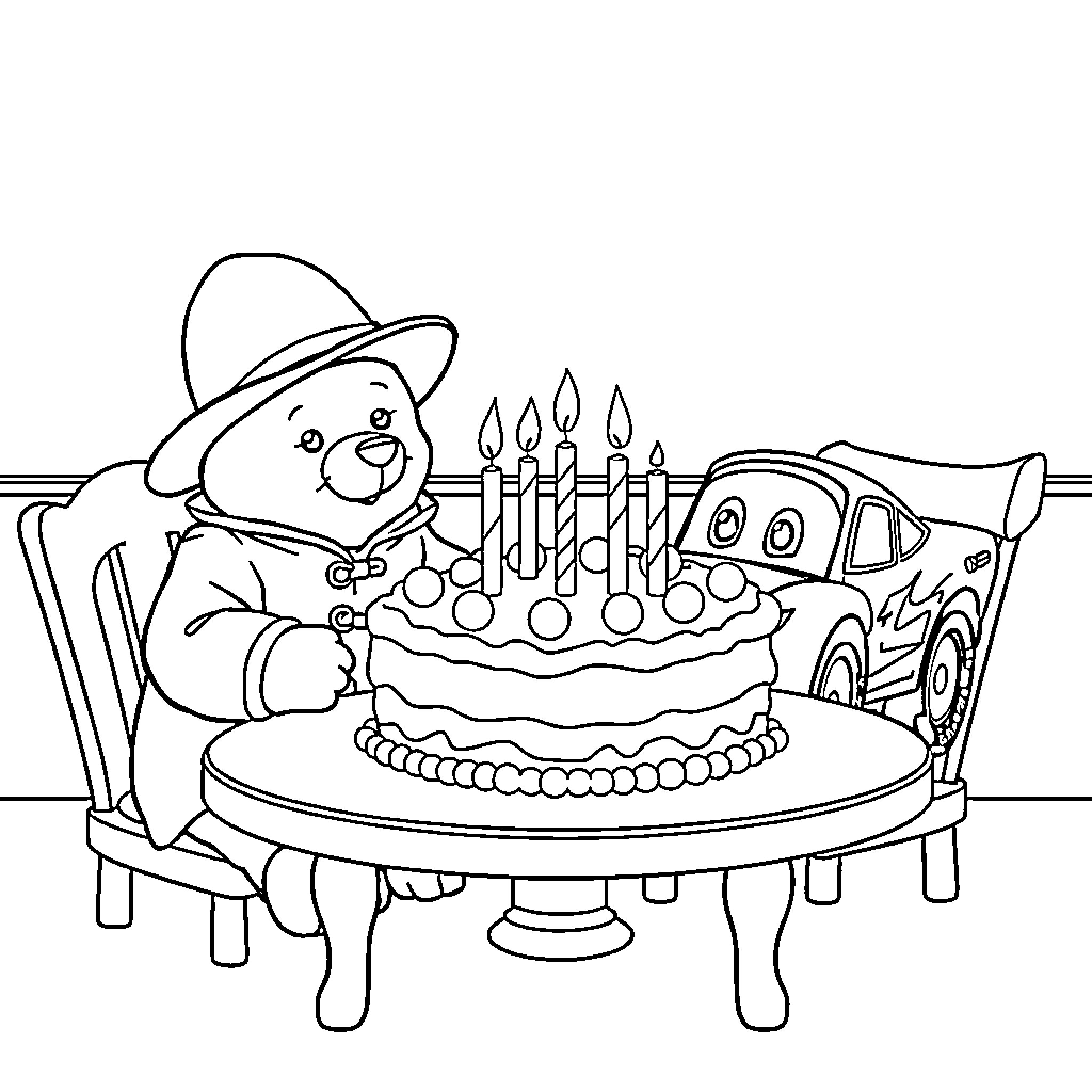 Paddington Bear Celebrates Birthday with Cake and Toy Car Coloring Page (free black-and-white line drawing printable PDF for all, from beginners to advanced learners, including children, teens, adults, and seniors)