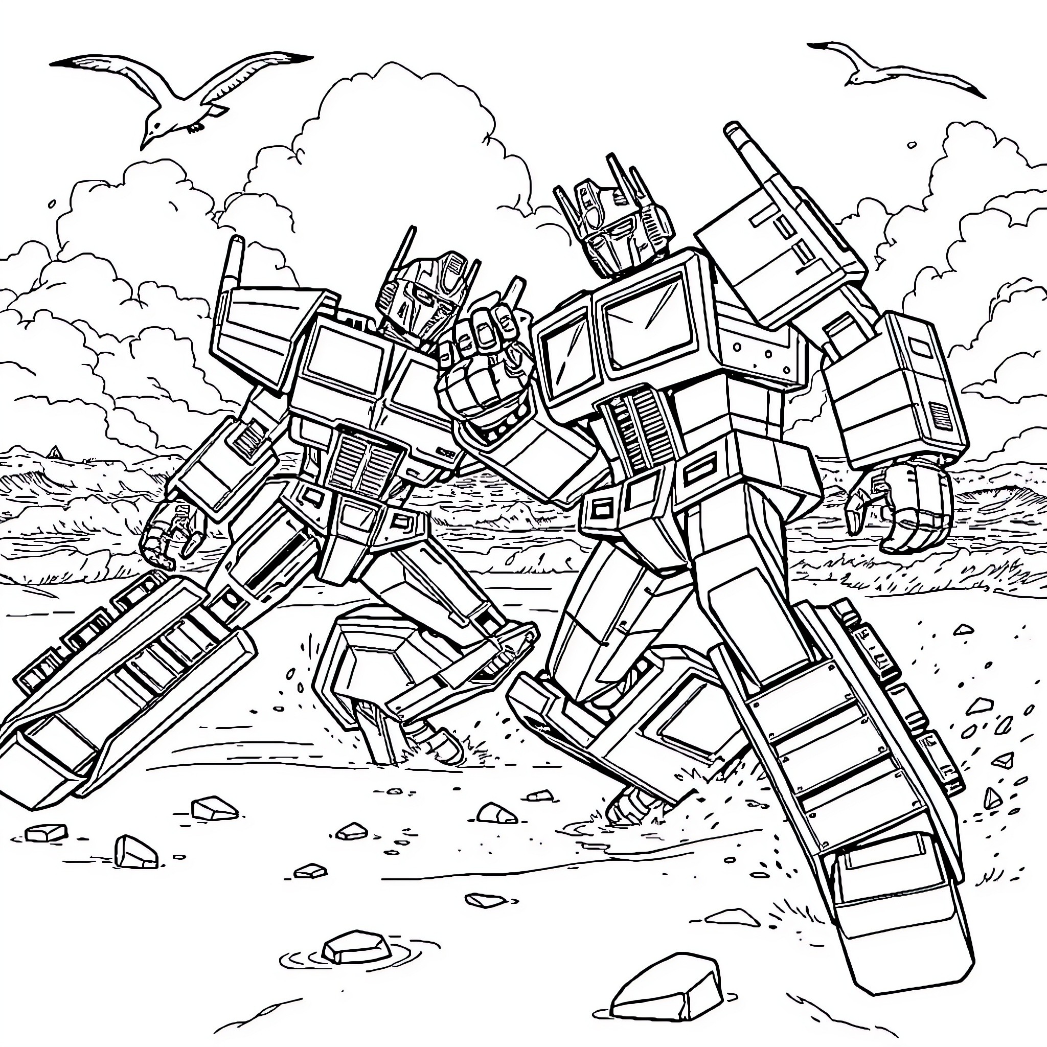 Megatron Transforming on Battleground Coloring Page (free black-and-white line drawing printable PDF for all, from beginners to advanced learners, including children, teens, adults, and seniors)