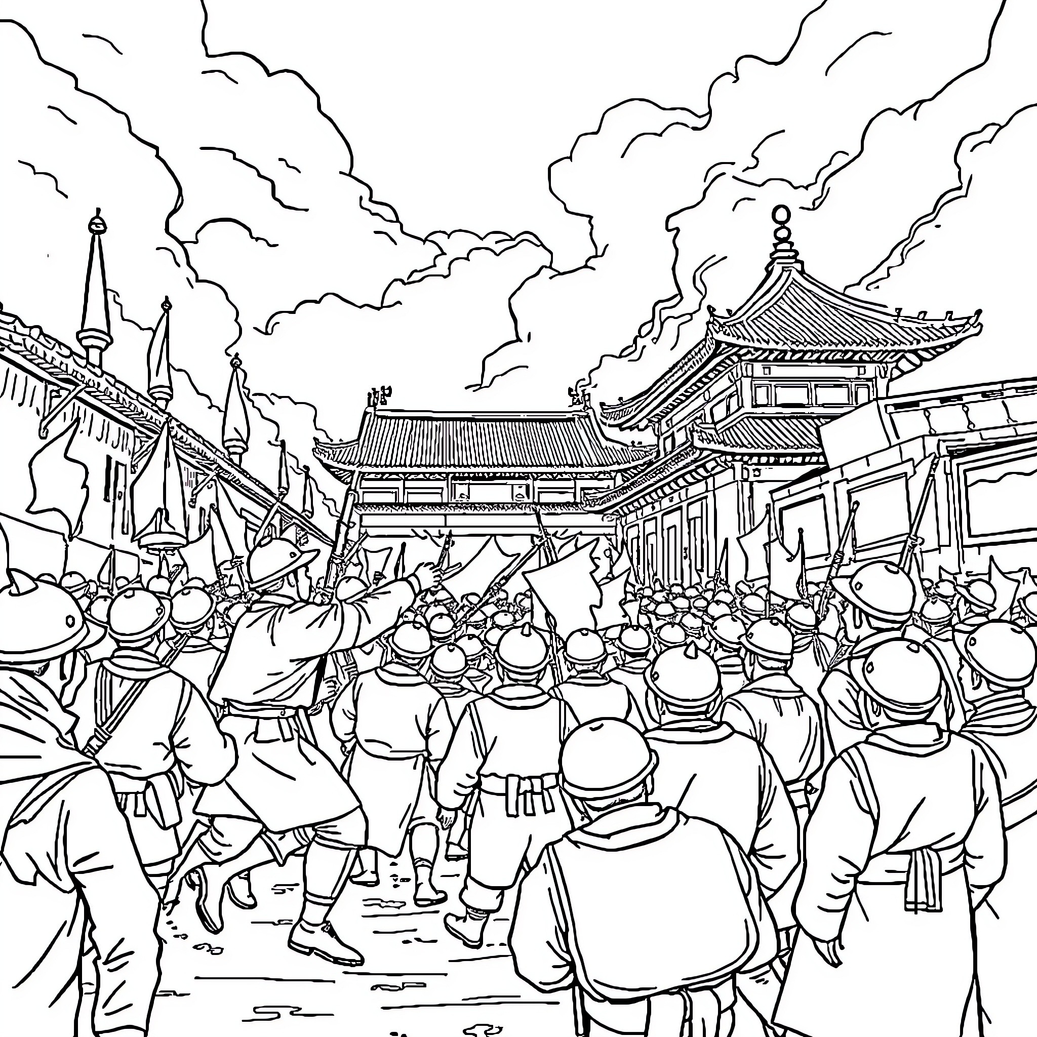 Boxer Rebellion: Soldiers marching in imperial capital Coloring Page (free black-and-white line drawing printable PDF for all, from beginners to advanced learners, including children, teens, adults, and seniors)