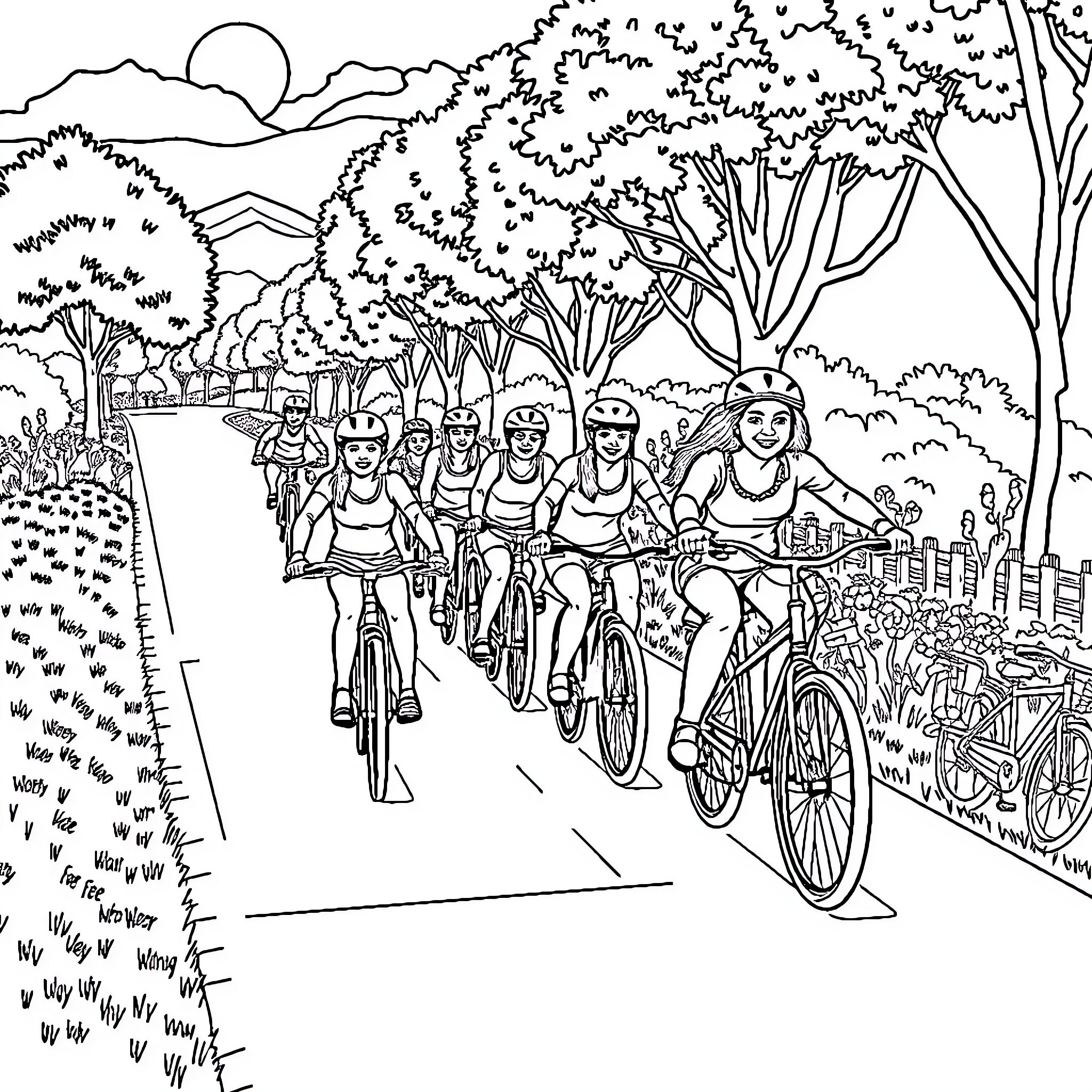 Person riding bicycles on a scenic trail Coloring Page (free black-and-white line drawing printable PDF for all, from beginners to advanced learners, including children, teens, adults, and seniors)
