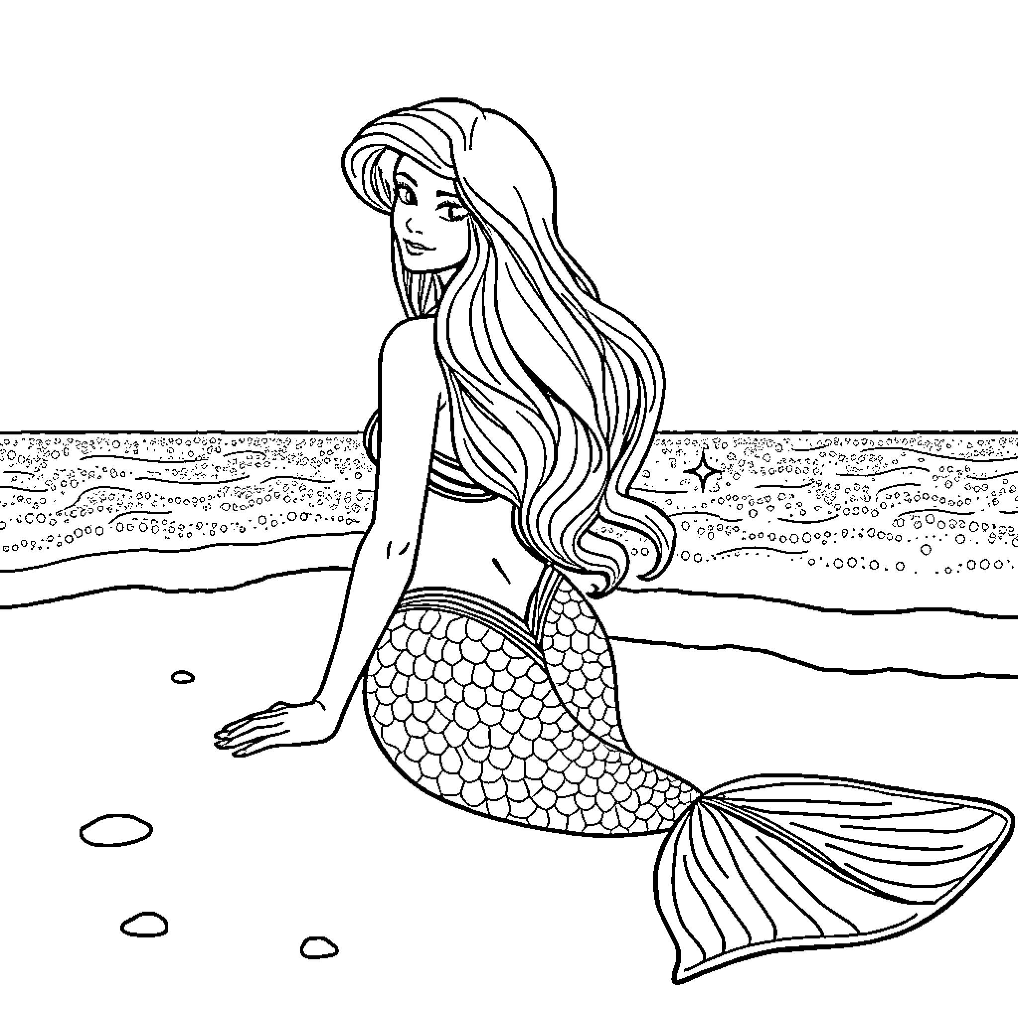 Mermaid sitting calmly on the beach Coloring Page (free black-and-white line drawing printable PDF for all, from beginners to advanced learners, including children, teens, adults, and seniors)