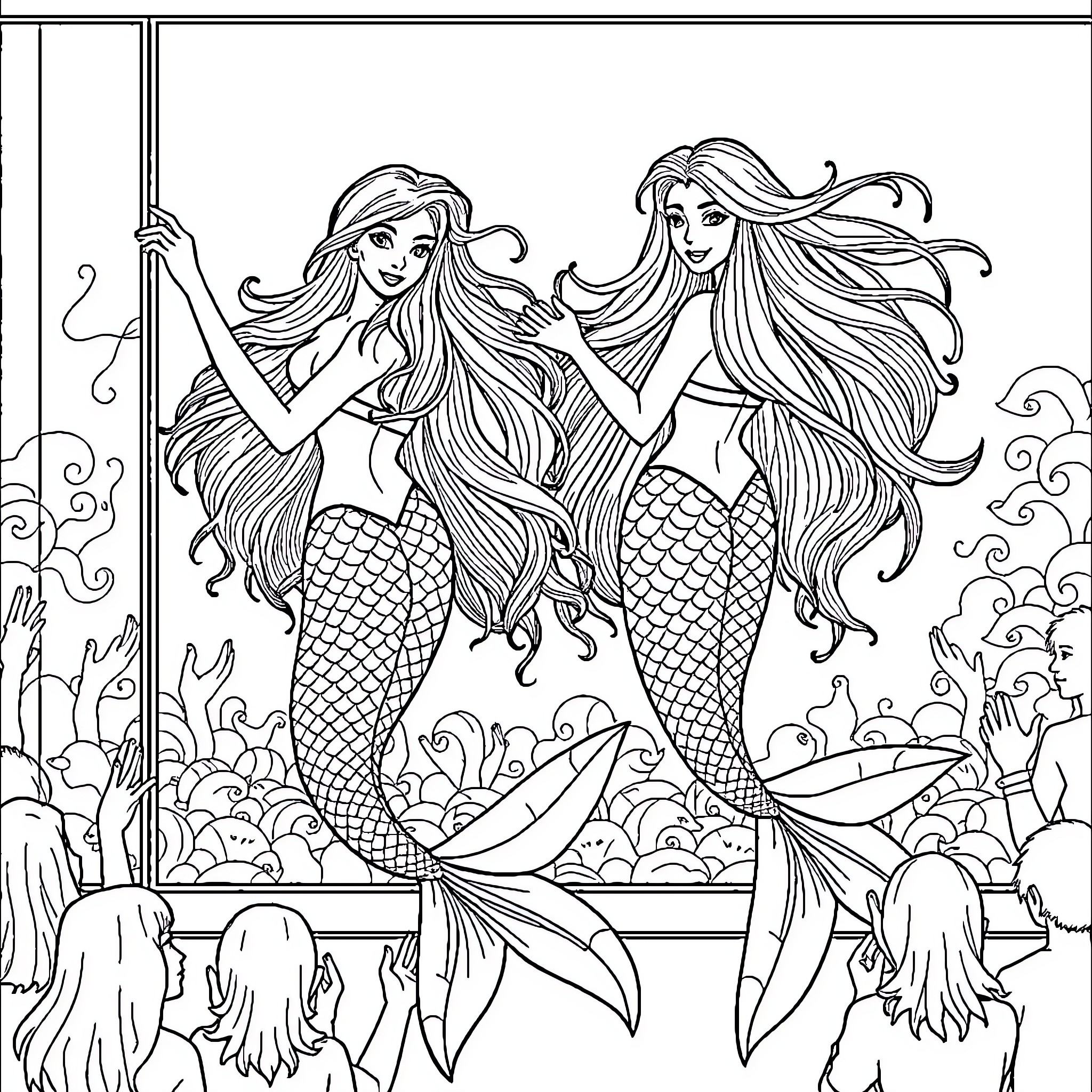Mermaid Sisters Performing on Stage Coloring Page (free black-and-white line drawing printable PDF for all, from beginners to advanced learners, including children, teens, adults, and seniors)
