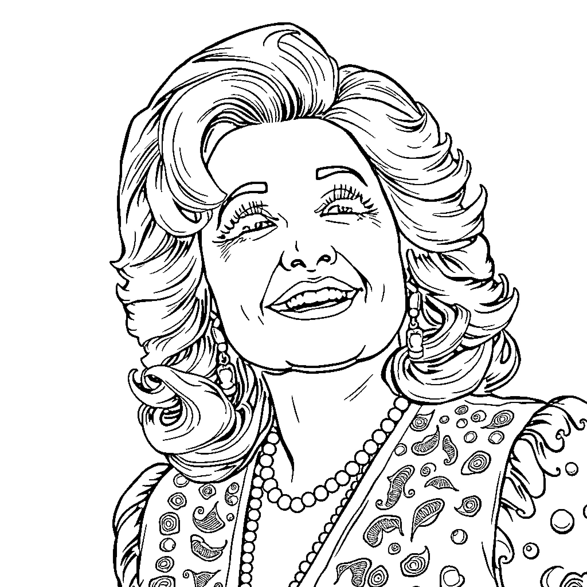 Dolly Parton's Vibrant Portrait with Expressive Features Coloring Page (free black-and-white line drawing printable PDF for all, from beginners to advanced learners, including children, teens, adults, and seniors)