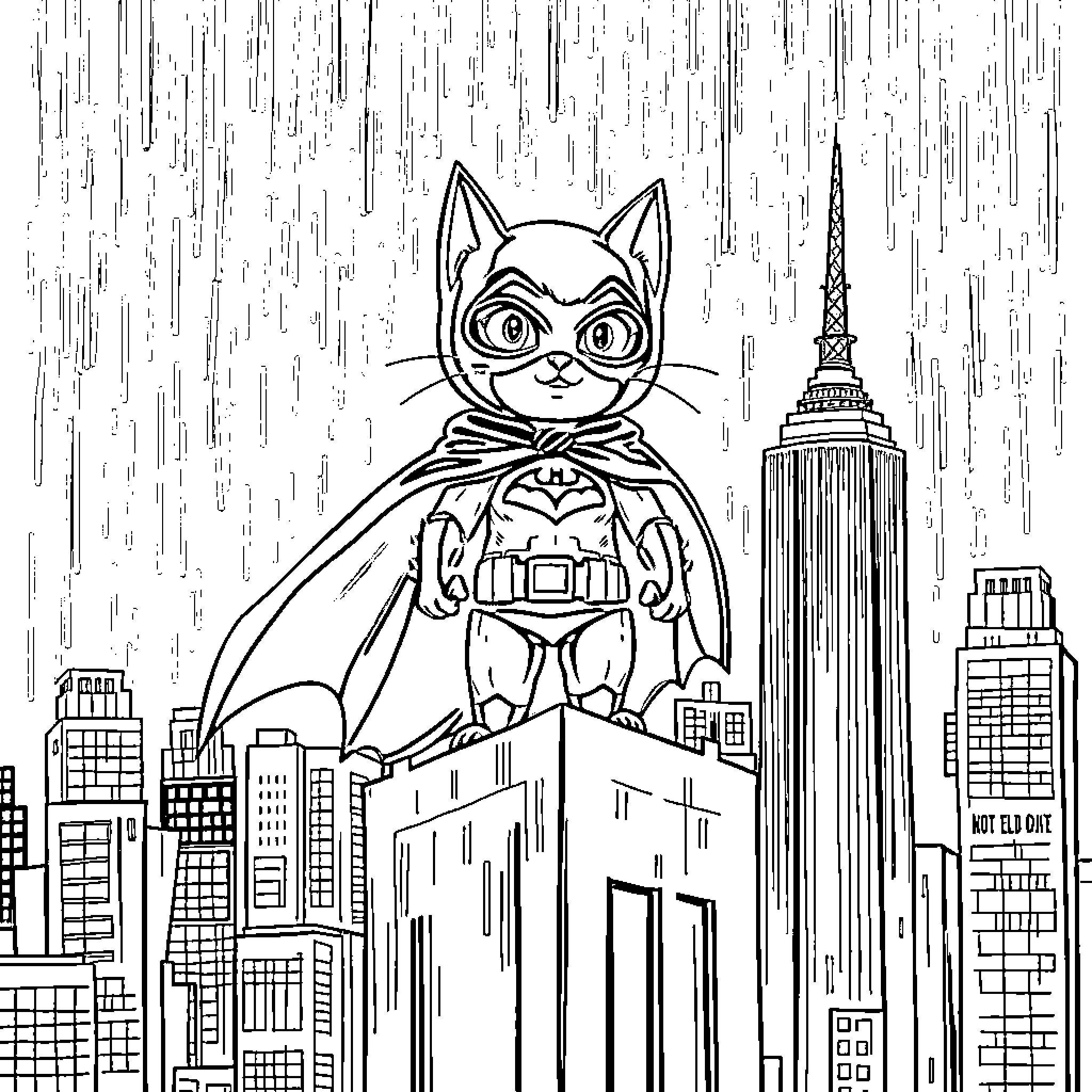 Cat superhero flying over city skyline Coloring Page (free black-and-white line drawing printable PDF for all, from beginners to advanced learners, including children, teens, adults, and seniors)