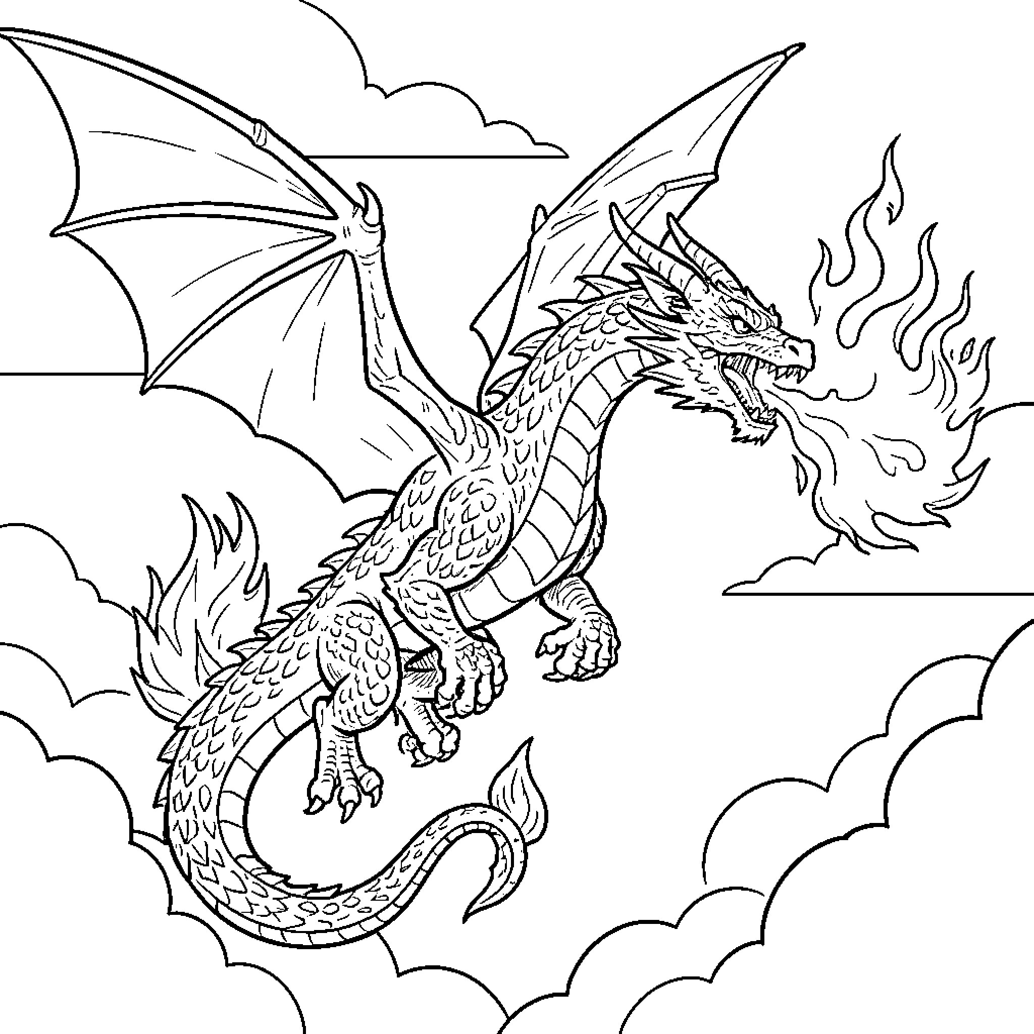 Dragon breathing fierce flames while flying through clouds Coloring Page (free black-and-white line drawing printable PDF for all, from beginners to advanced learners, including children, teens, adults, and seniors)