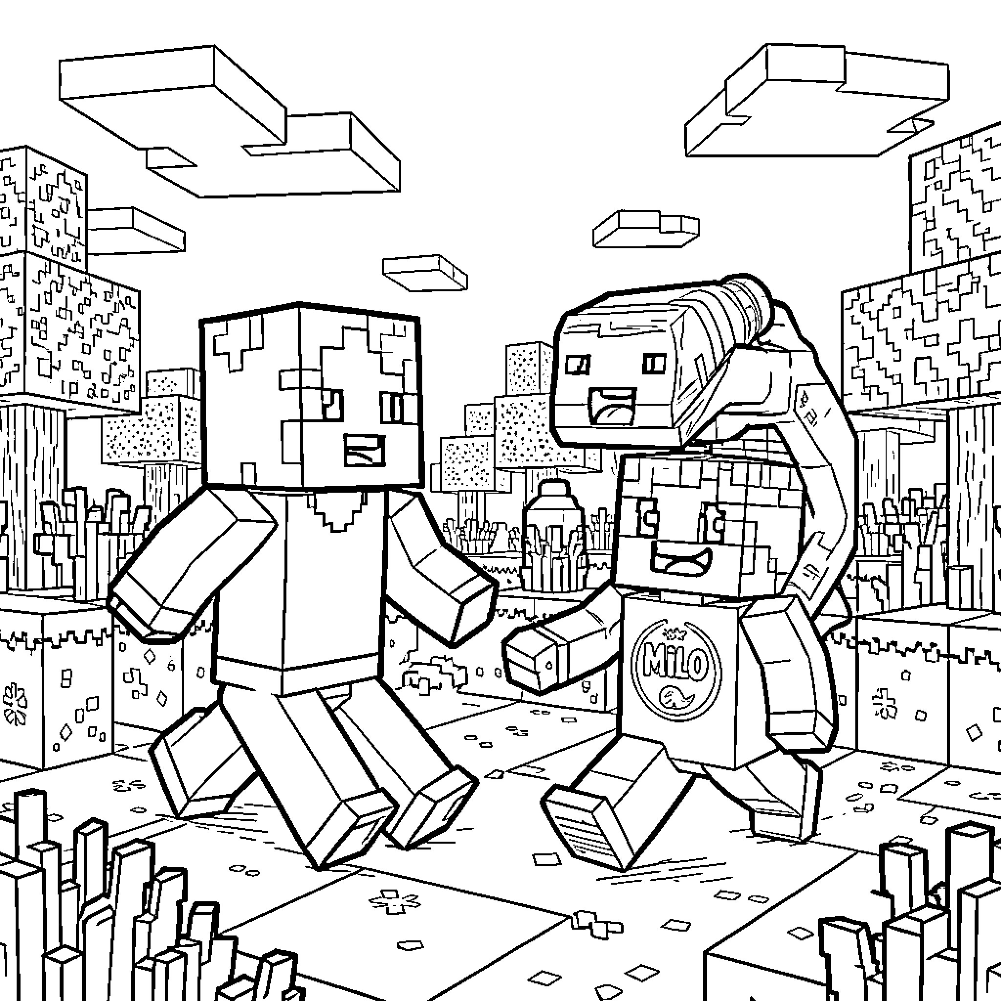 Chip's Adventurous Encounter in the Pixelated Metropolis Coloring Page (free black-and-white line drawing printable PDF for all, from beginners to advanced learners, including children, teens, adults, and seniors)