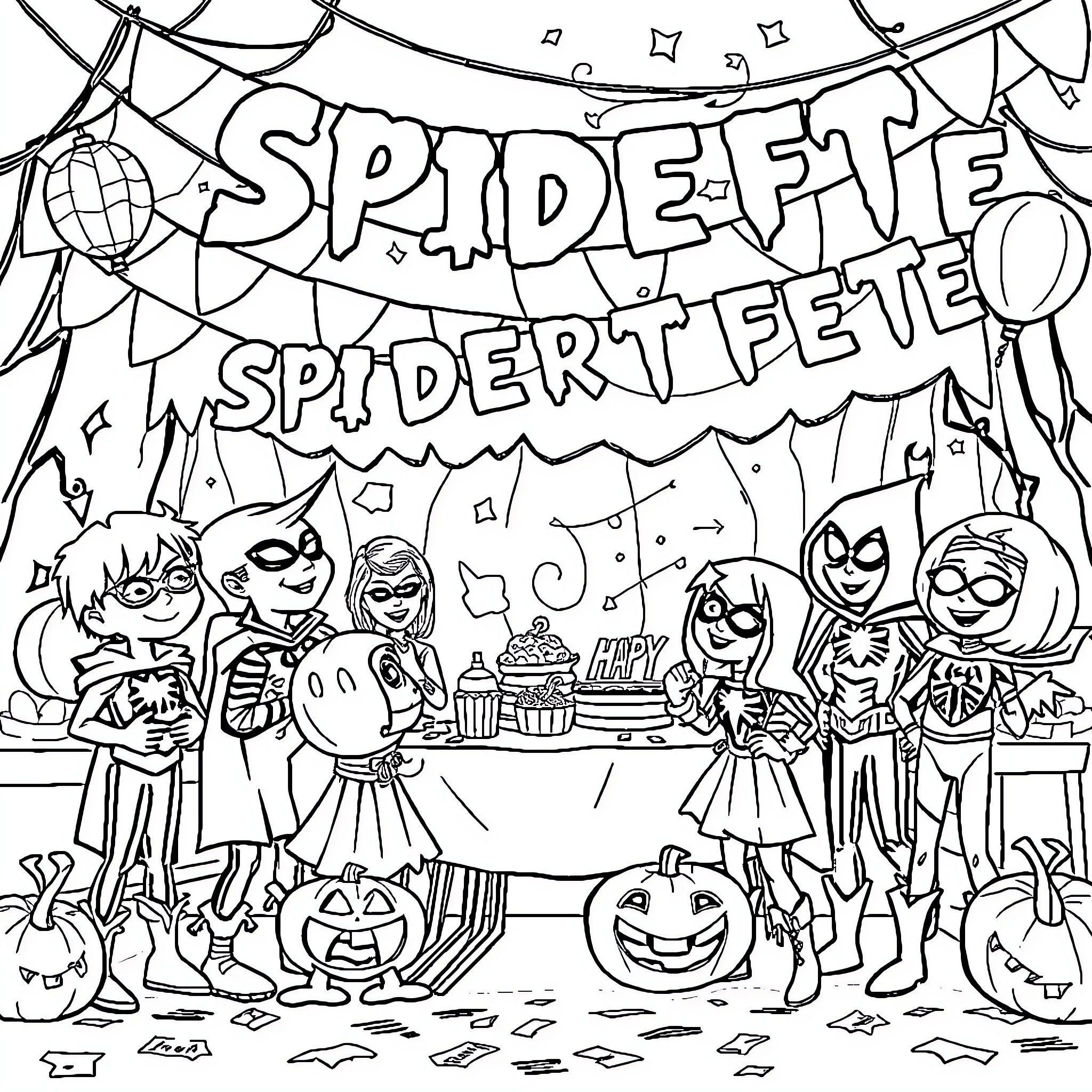 Spider-themed Halloween party with costumed characters Coloring Page (free black-and-white line drawing printable PDF for all, from beginners to advanced learners, including children, teens, adults, and seniors)