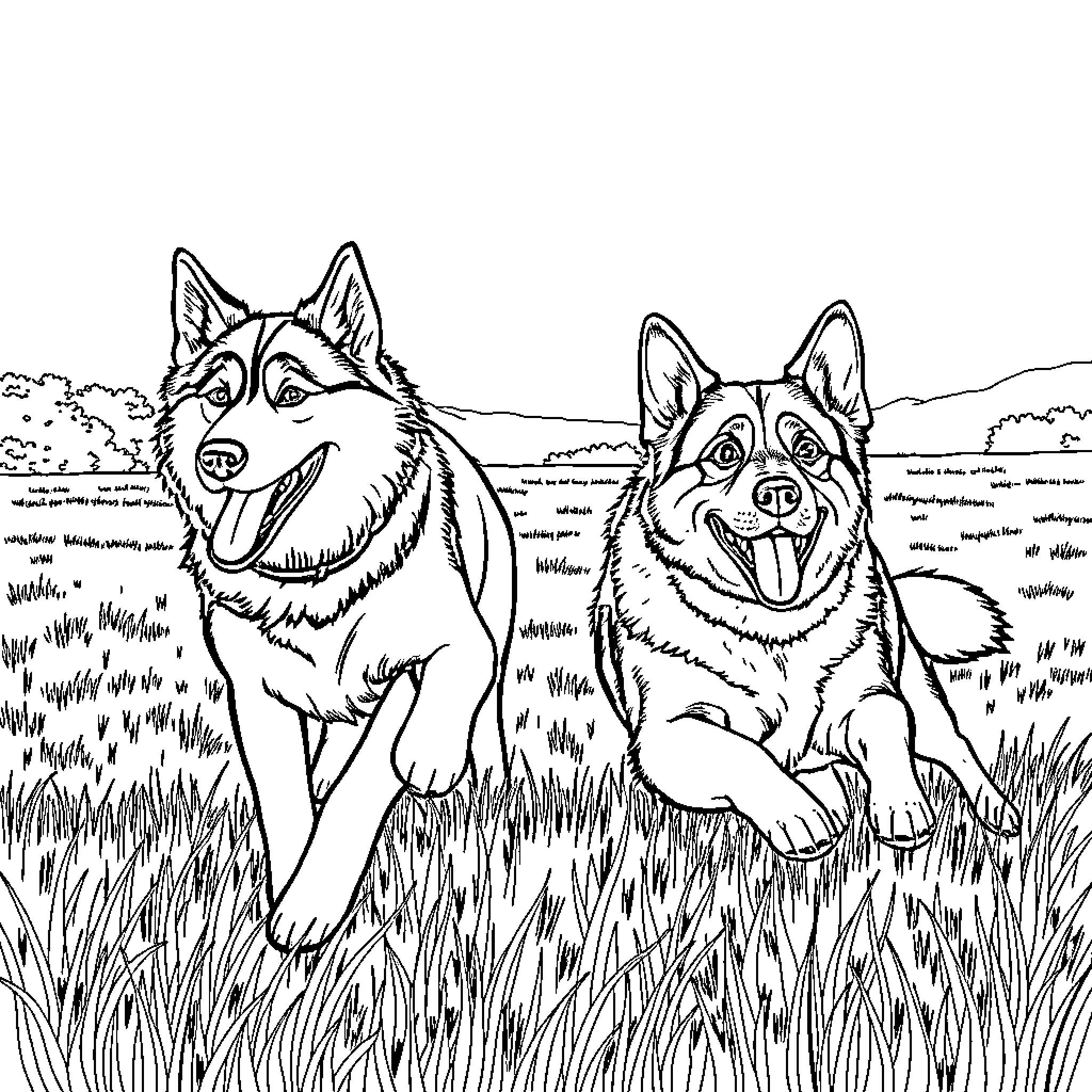 Dog friends playing in the meadow Coloring Page (free black-and-white line drawing printable PDF for all, from beginners to advanced learners, including children, teens, adults, and seniors)