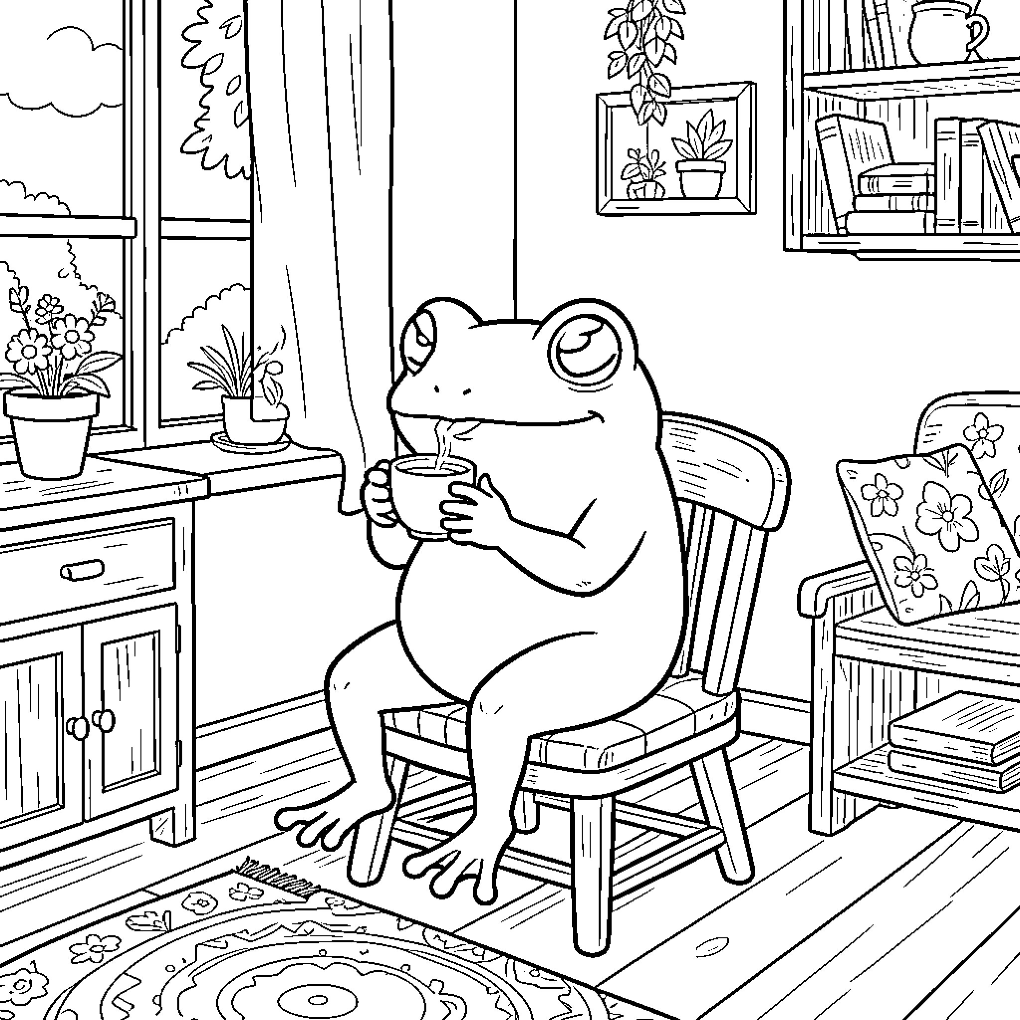 Frog sitting on a chair drinking a warm beverage Coloring Page (free black-and-white line drawing printable PDF for all, from beginners to advanced learners, including children, teens, adults, and seniors)