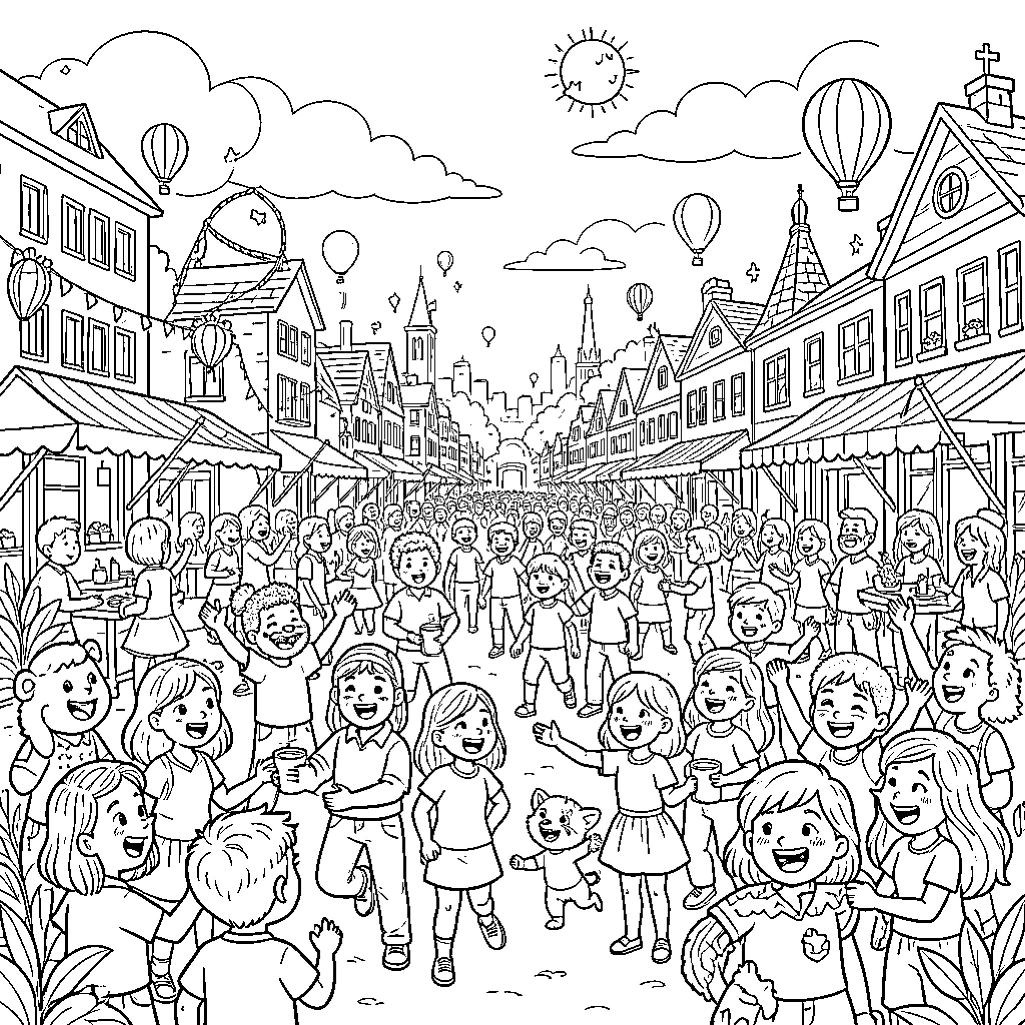 Akribia: A Bustling Celebration of Community Coloring Page (free black-and-white line drawing printable PDF for all, from beginners to advanced learners, including children, teens, adults, and seniors)