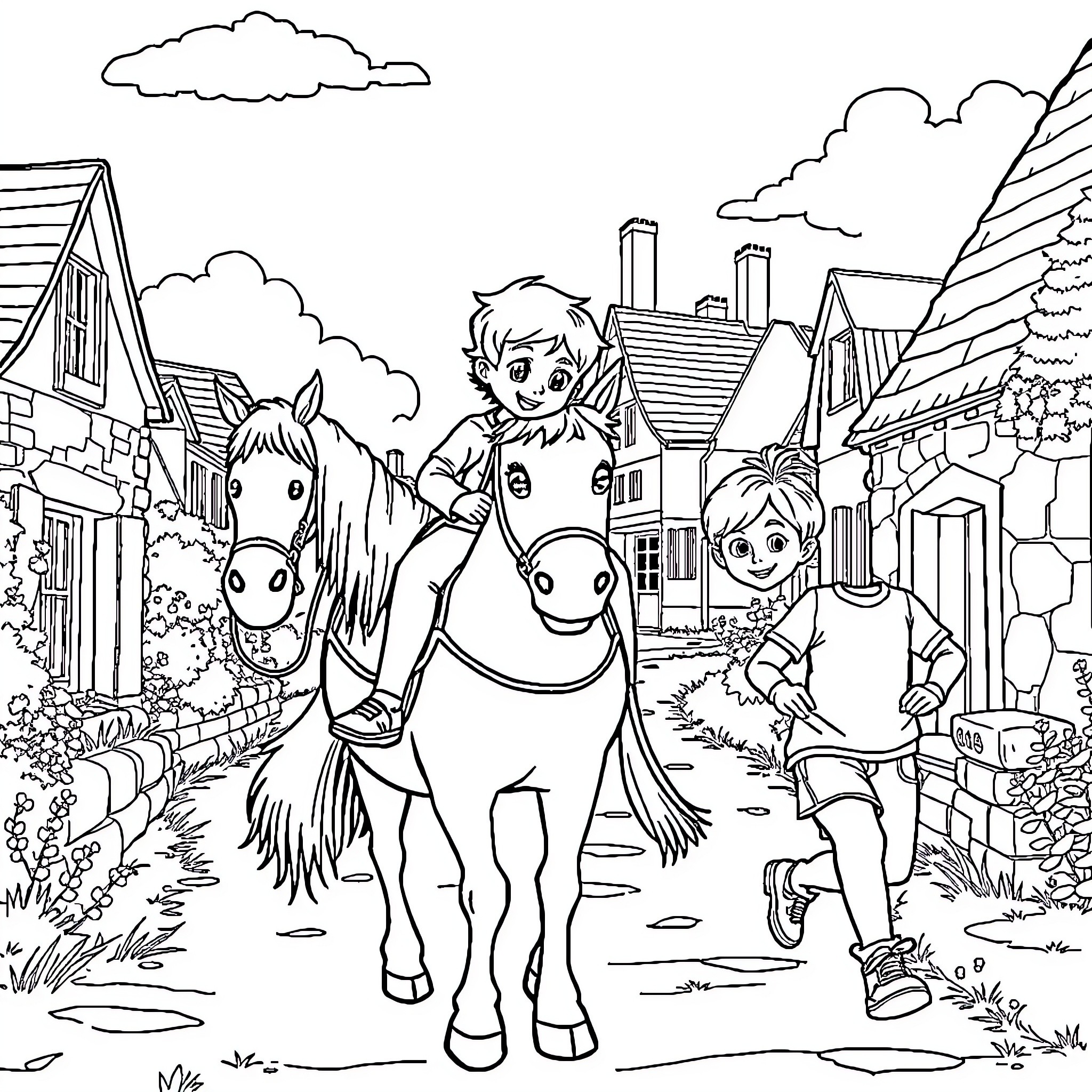 Family enjoying a horseback ride through the countryside Coloring Page (free black-and-white line drawing printable PDF for all, from beginners to advanced learners, including children, teens, adults, and seniors)