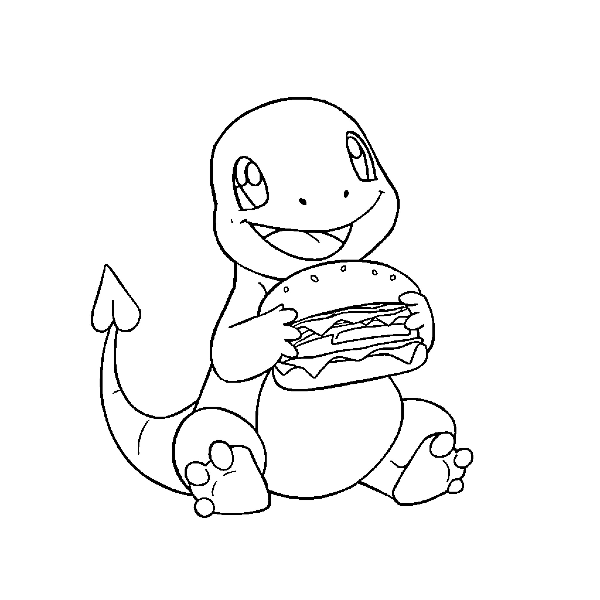 Charmander enjoying a tasty treat Coloring Page (free black-and-white line drawing printable PDF for all, from beginners to advanced learners, including children, teens, adults, and seniors)