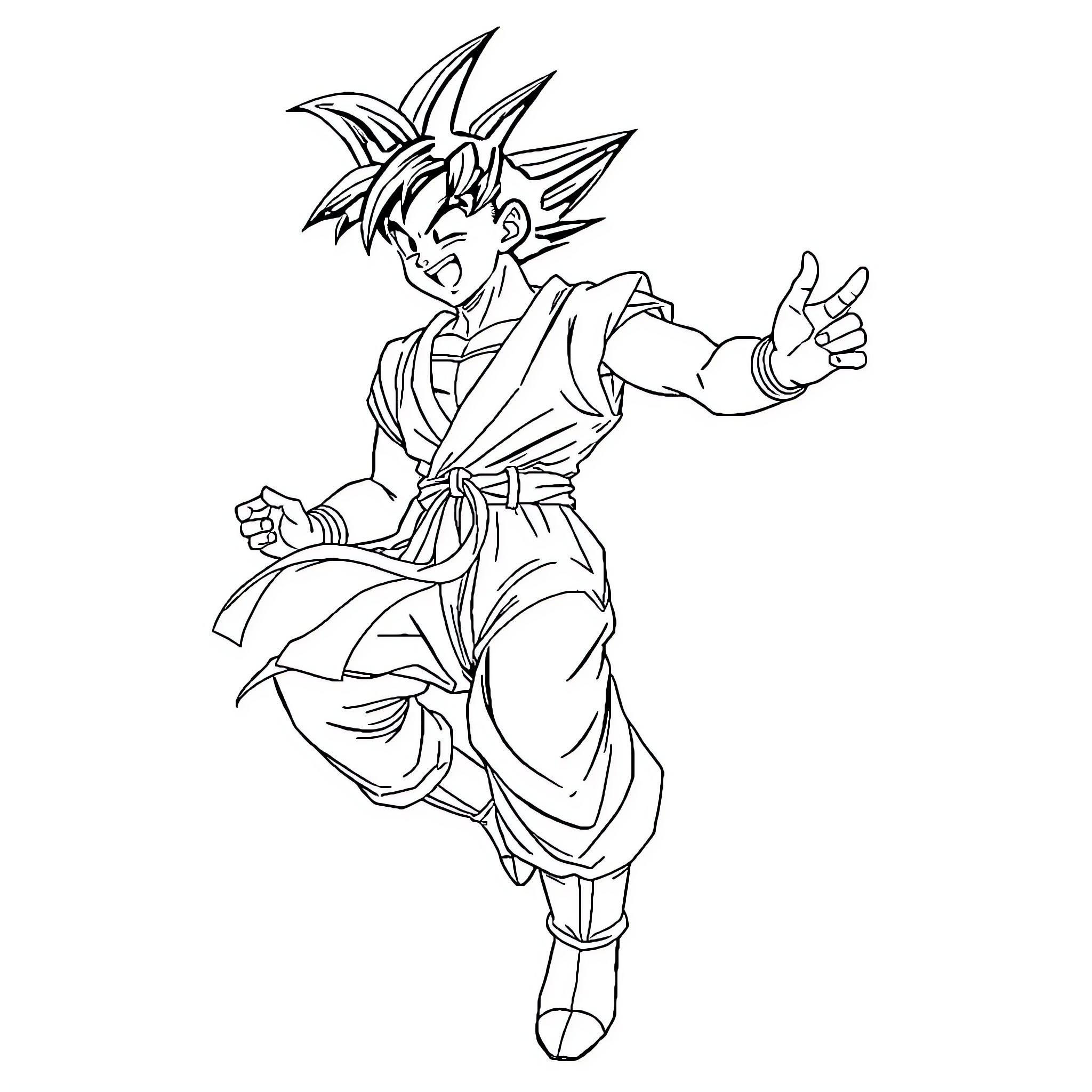 Son Goku in action pose with determined expression Coloring Page (free black-and-white line drawing printable PDF for all, from beginners to advanced learners, including children, teens, adults, and seniors)