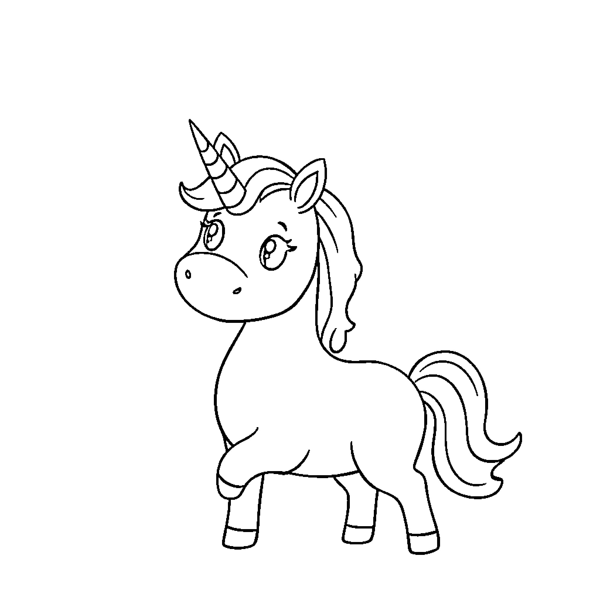 Unicorn gazing with curiosity Coloring Page (free black-and-white line drawing printable PDF for all, from beginners to advanced learners, including children, teens, adults, and seniors)