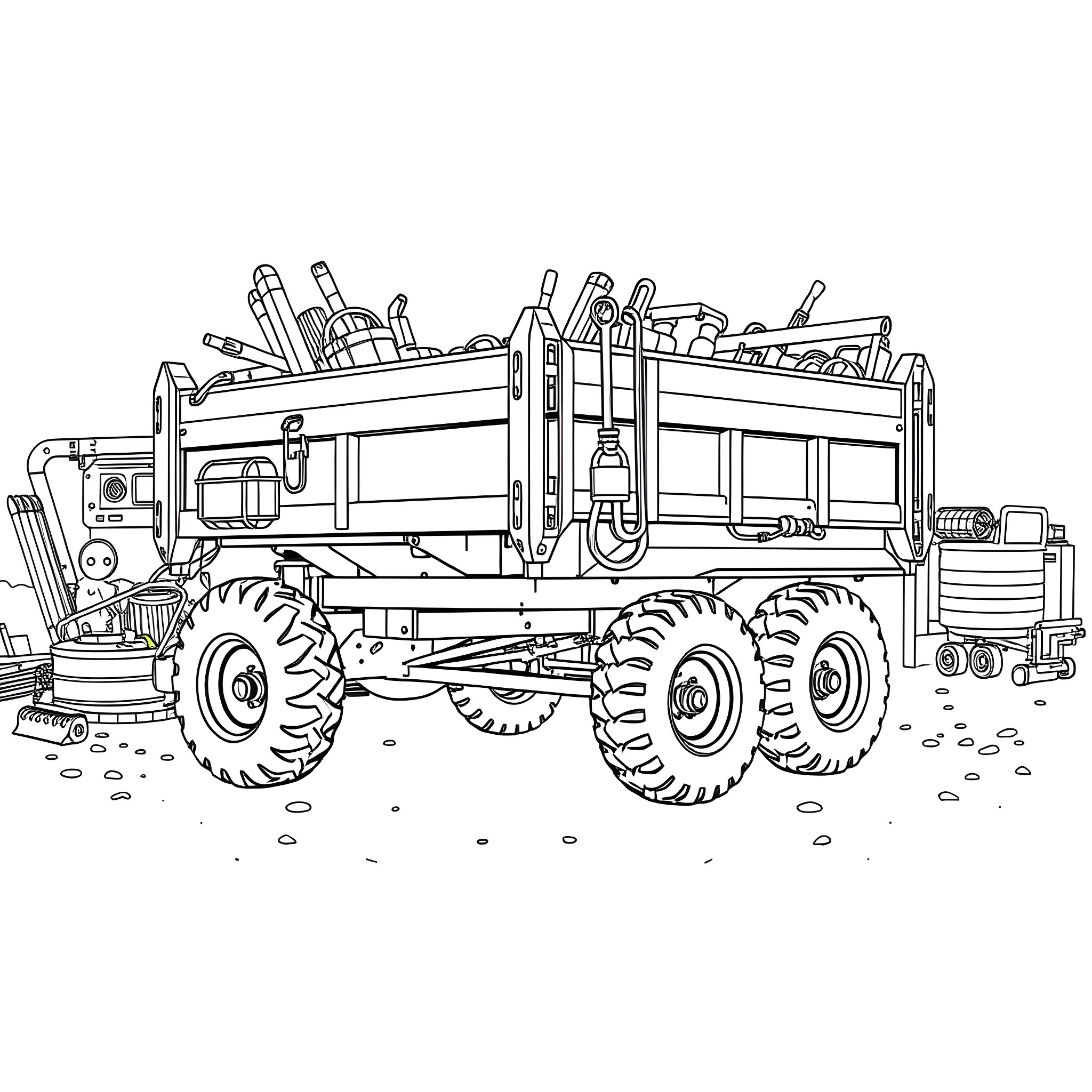 Dump Trailer Loaded with Construction Equipment Coloring Page (free black-and-white line drawing printable PDF for all, from beginners to advanced learners, including children, teens, adults, and seniors)
