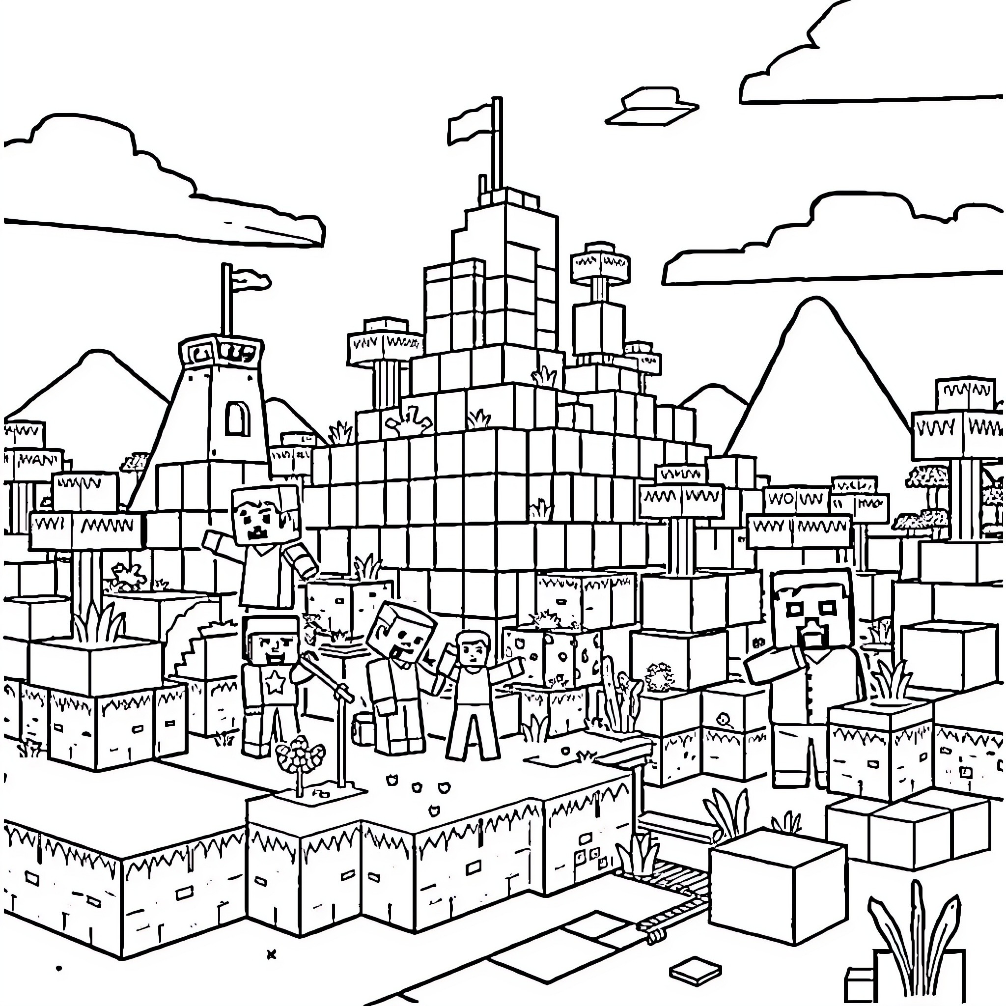 Minecraft: Bustling Cubic Community in a Fantastical Landscape Coloring Page (free black-and-white line drawing printable PDF for all, from beginners to advanced learners, including children, teens, adults, and seniors)