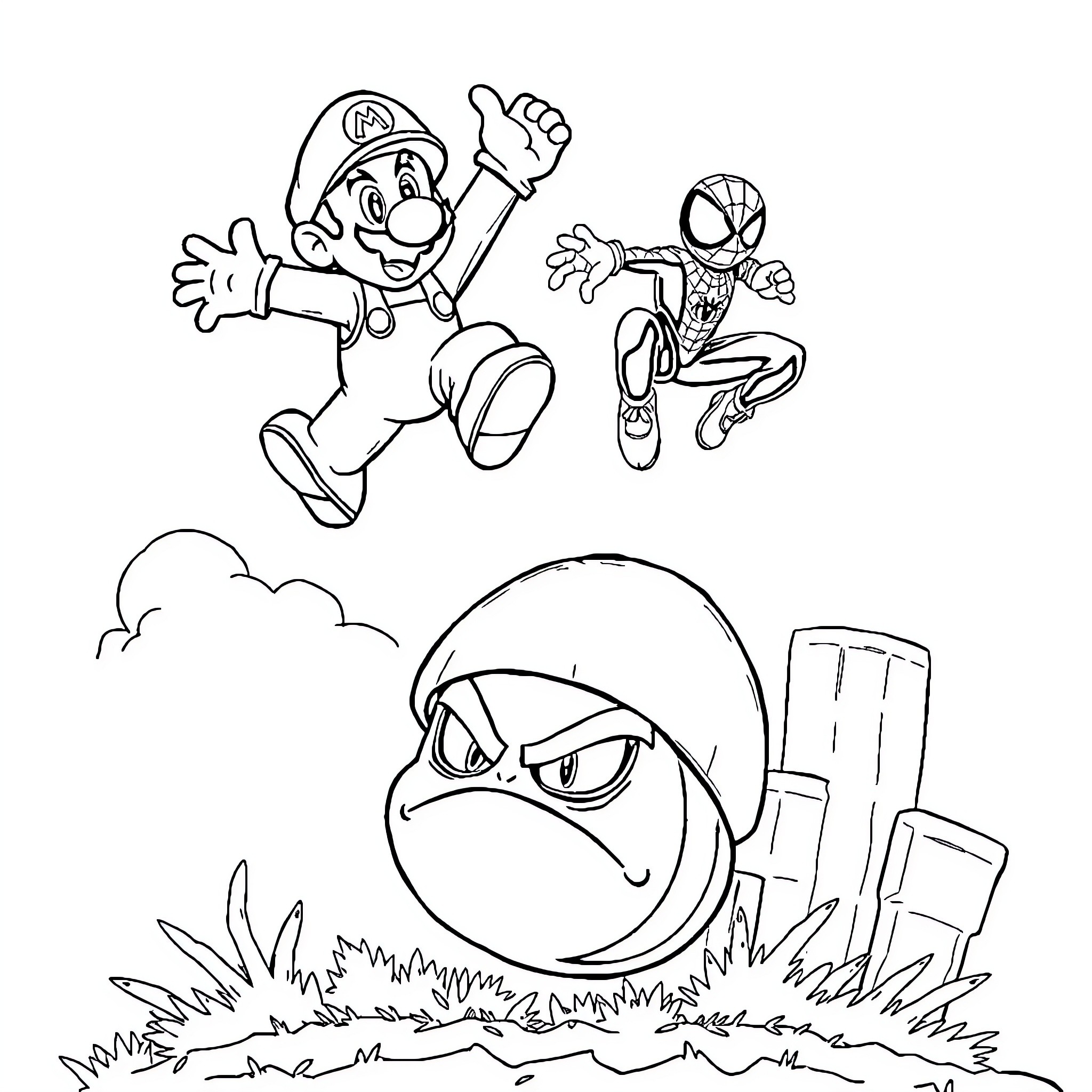 Mario's Heroic Encounter with Spider-Man Coloring Page (free black-and-white line drawing printable PDF for all, from beginners to advanced learners, including children, teens, adults, and seniors)