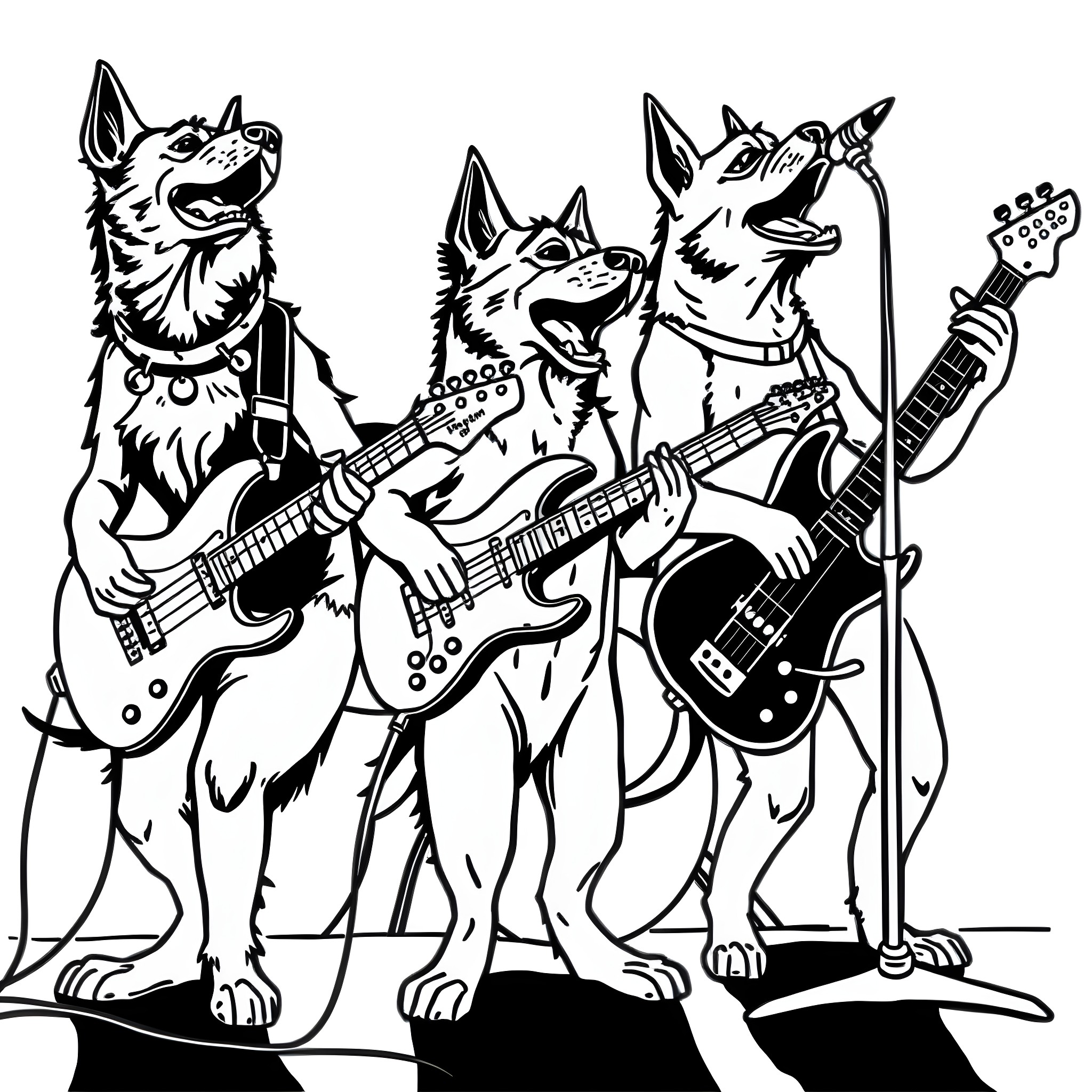 Dog rock band playing guitars and microphone Coloring Page (free black-and-white line drawing printable PDF for all, from beginners to advanced learners, including children, teens, adults, and seniors)