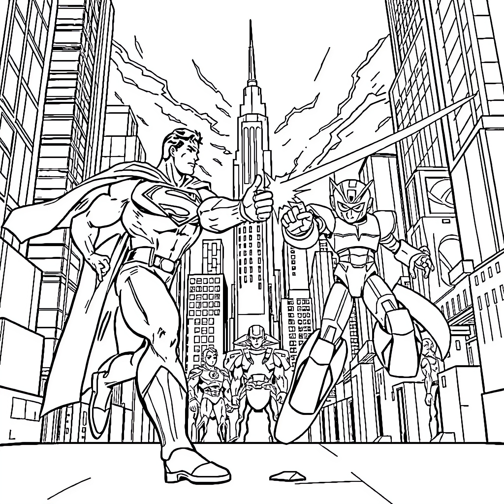 Superman and Super Friends Saving the City Coloring Page (free black-and-white line drawing printable PDF for all, from beginners to advanced learners, including children, teens, adults, and seniors)