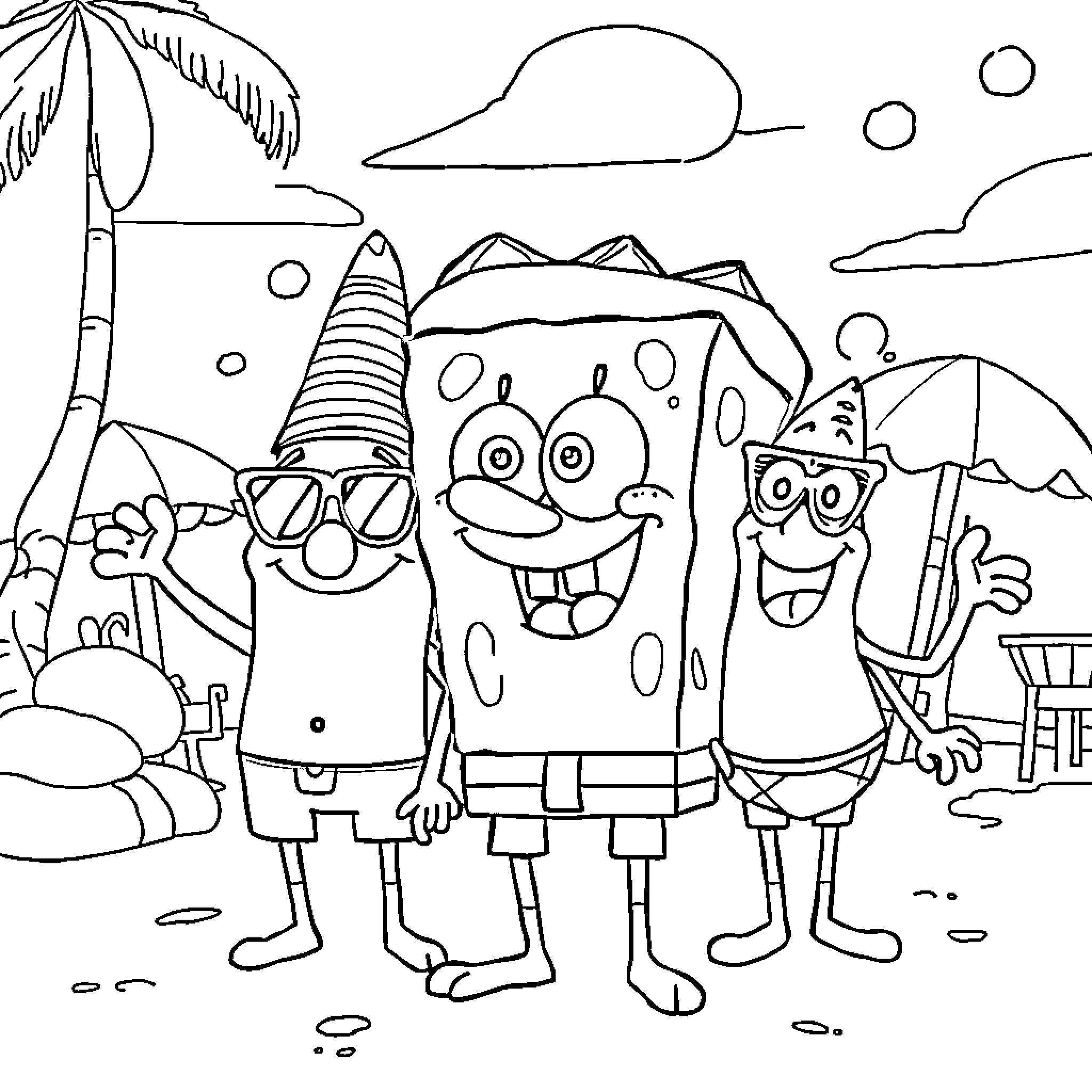 Bob esponja and friends enjoying the beach Coloring Page (free black-and-white line drawing printable PDF for all, from beginners to advanced learners, including children, teens, adults, and seniors)