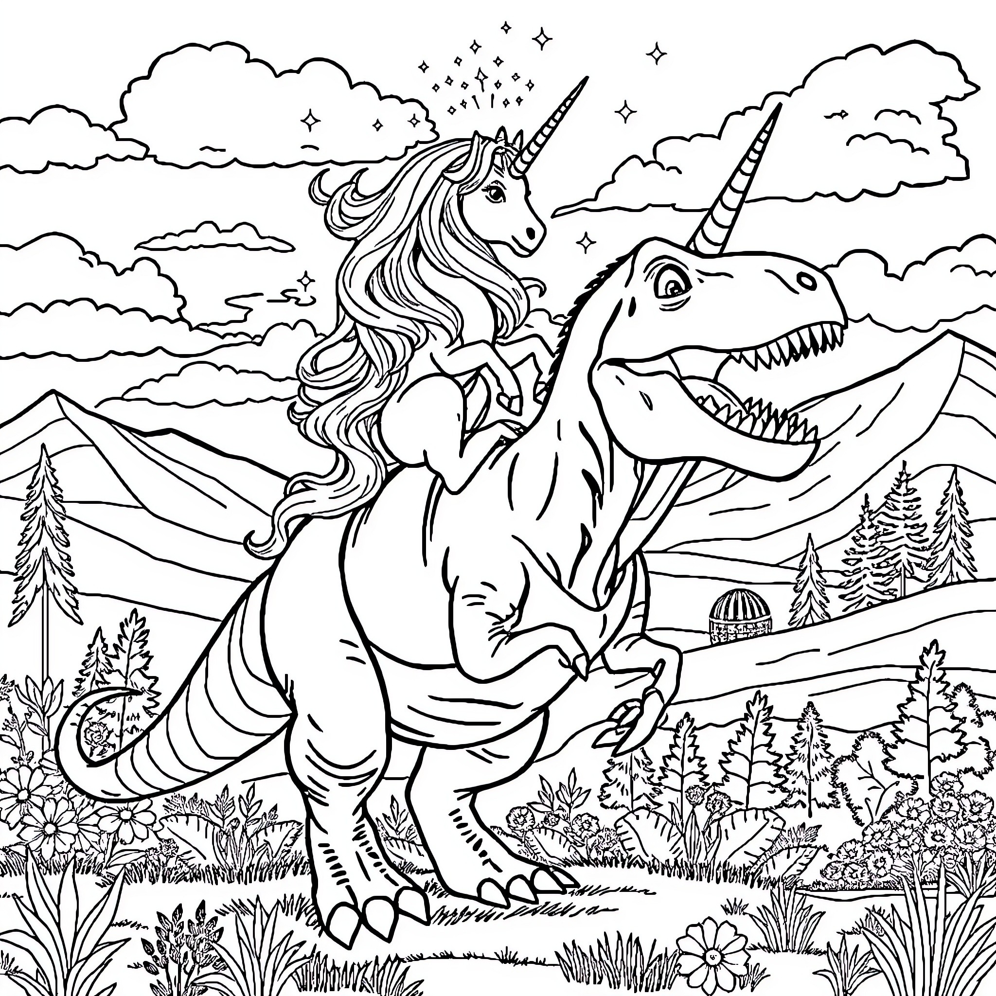 Unicorn and Dinosaur Adventure in the Enchanted Forest Coloring Page (free black-and-white line drawing printable PDF for all, from beginners to advanced learners, including children, teens, adults, and seniors)