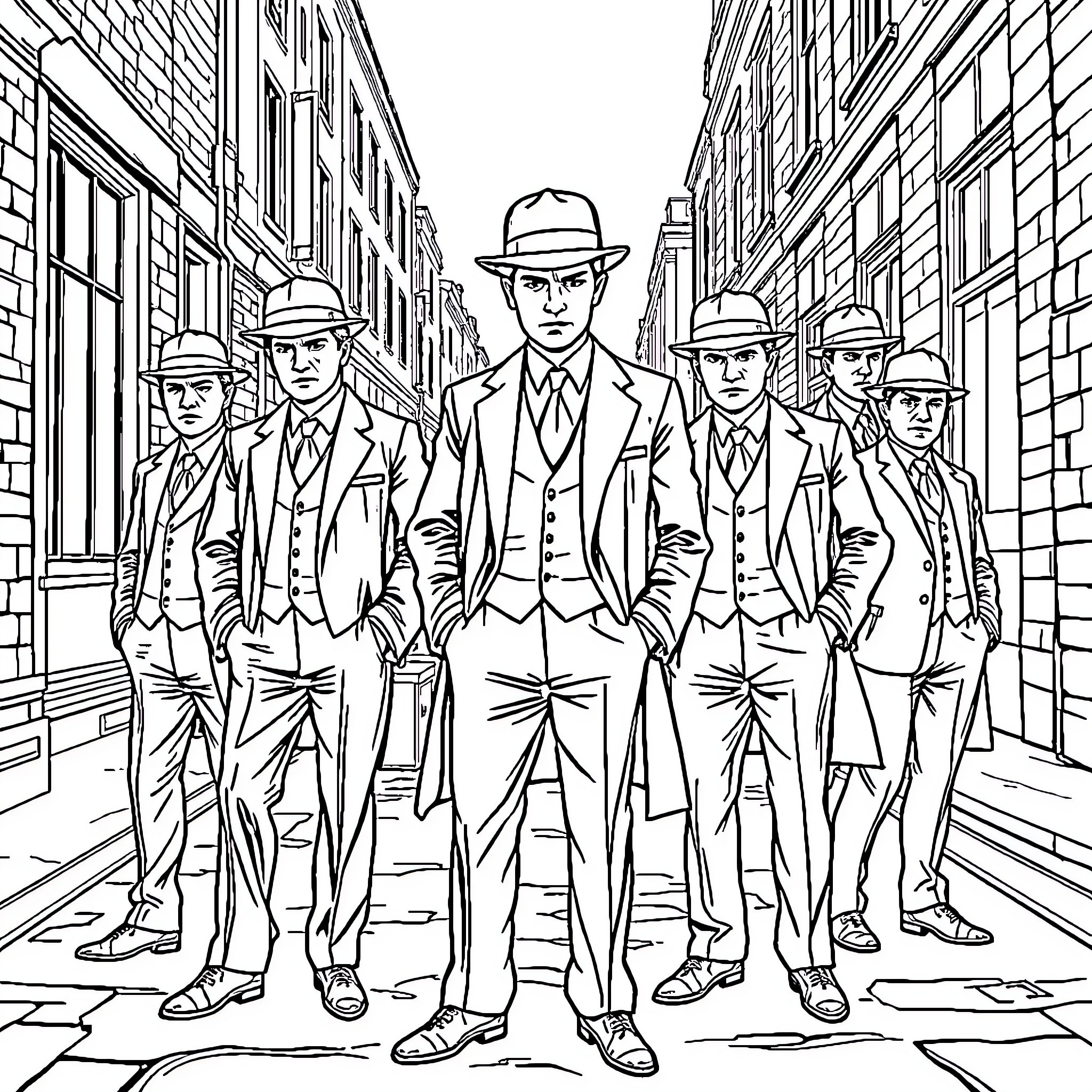 Peaky Blinders: Iconic Gangsters in Suits and Hats Coloring Page (free black-and-white line drawing printable PDF for all, from beginners to advanced learners, including children, teens, adults, and seniors)