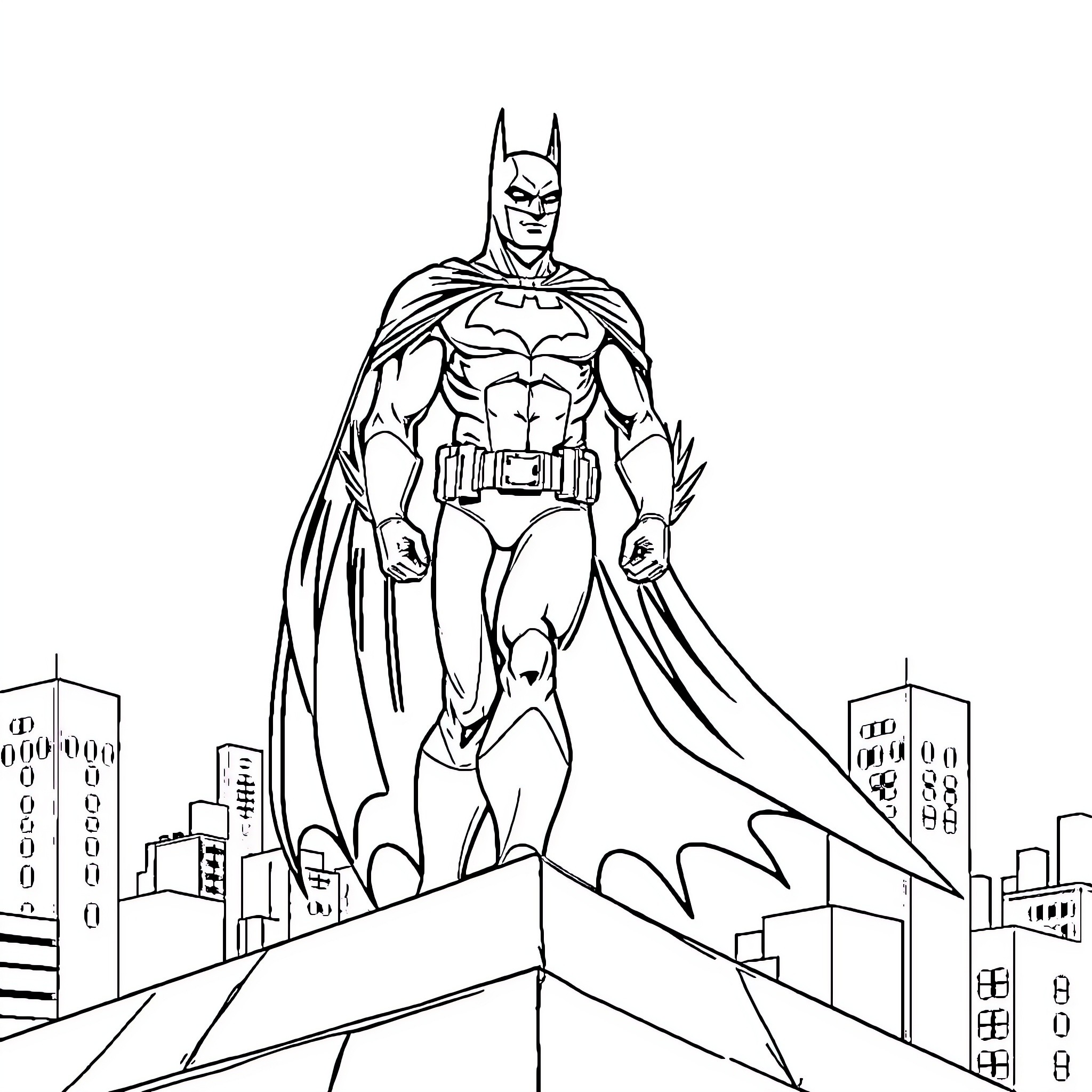 Batman standing tall over the city skyline Coloring Page (free black-and-white line drawing printable PDF for all, from beginners to advanced learners, including children, teens, adults, and seniors)