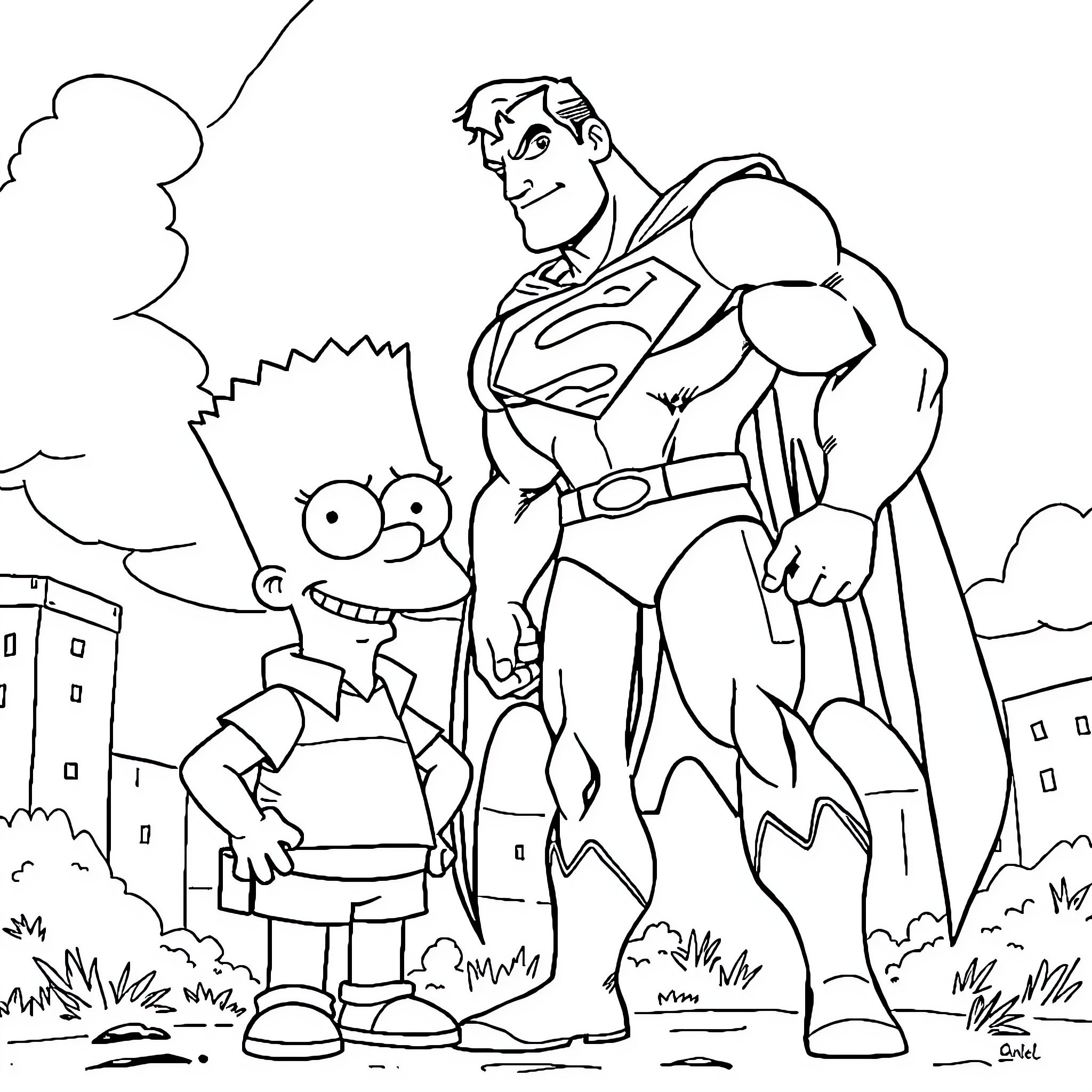 Superman helps Bart Simpson in the city Coloring Page (free black-and-white line drawing printable PDF for all, from beginners to advanced learners, including children, teens, adults, and seniors)