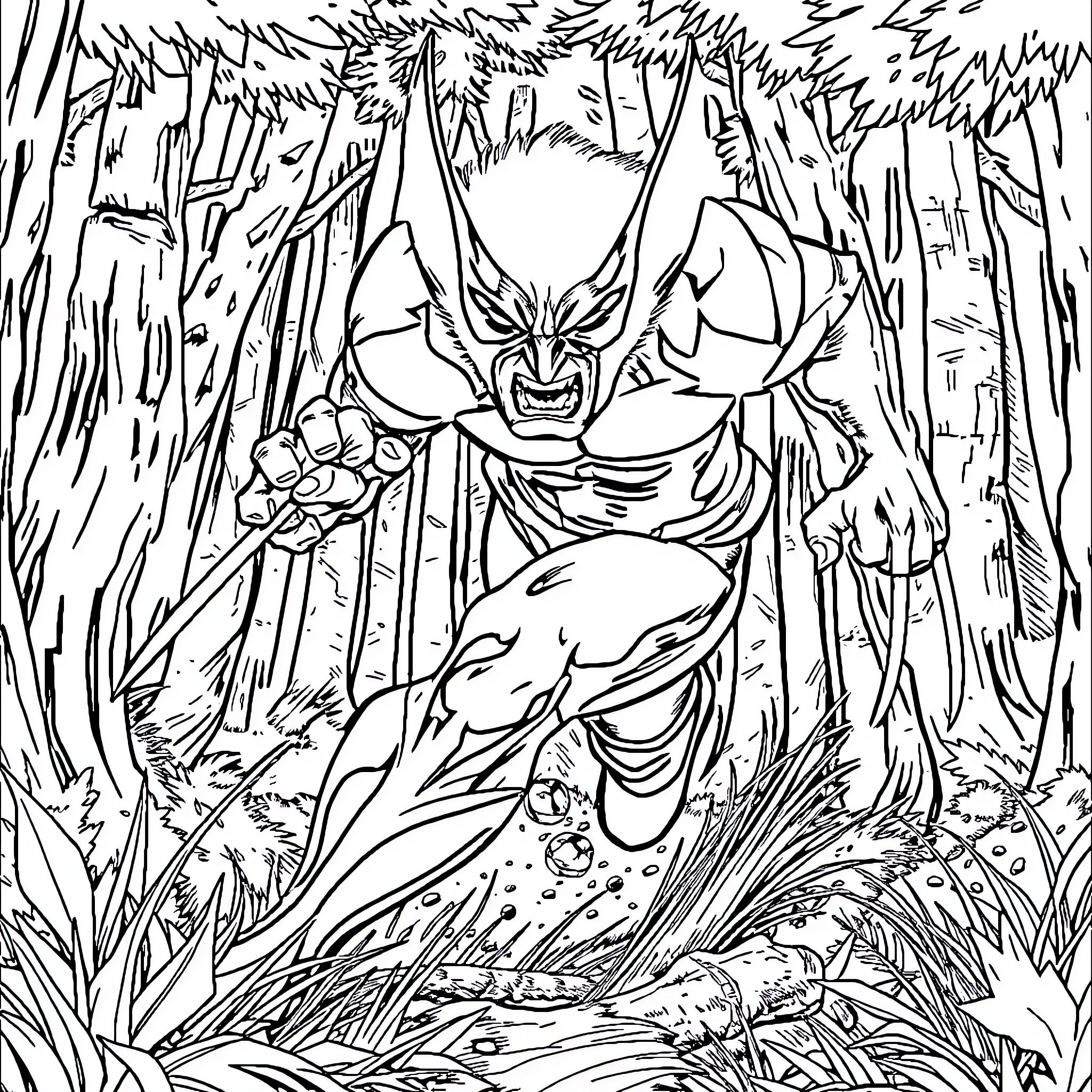 Wolverine clawing through the wild forest Coloring Page (free black-and-white line drawing printable PDF for all, from beginners to advanced learners, including children, teens, adults, and seniors)