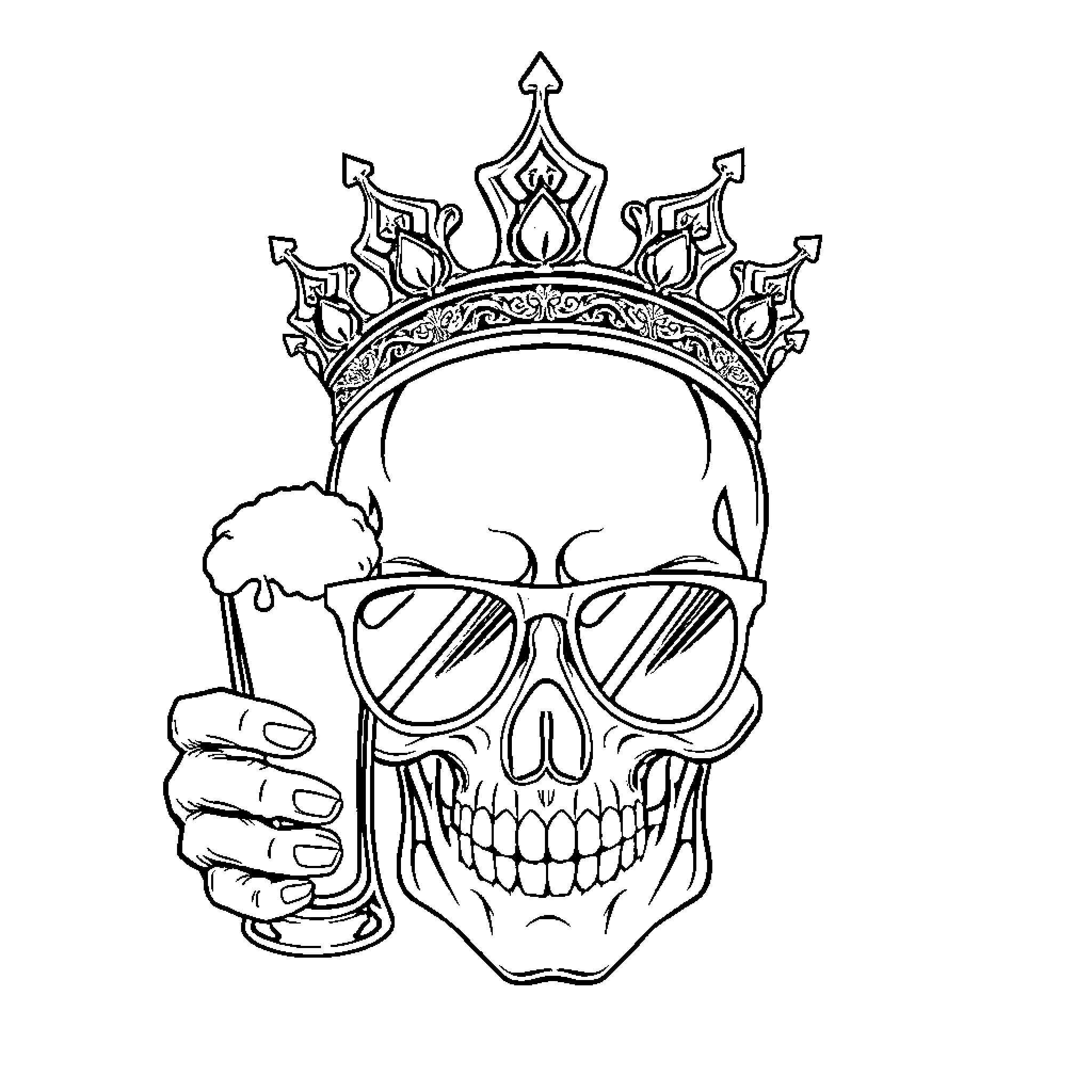 Skull wearing a crown and sunglasses Coloring Page (free black-and-white line drawing printable PDF for all, from beginners to advanced learners, including children, teens, adults, and seniors)