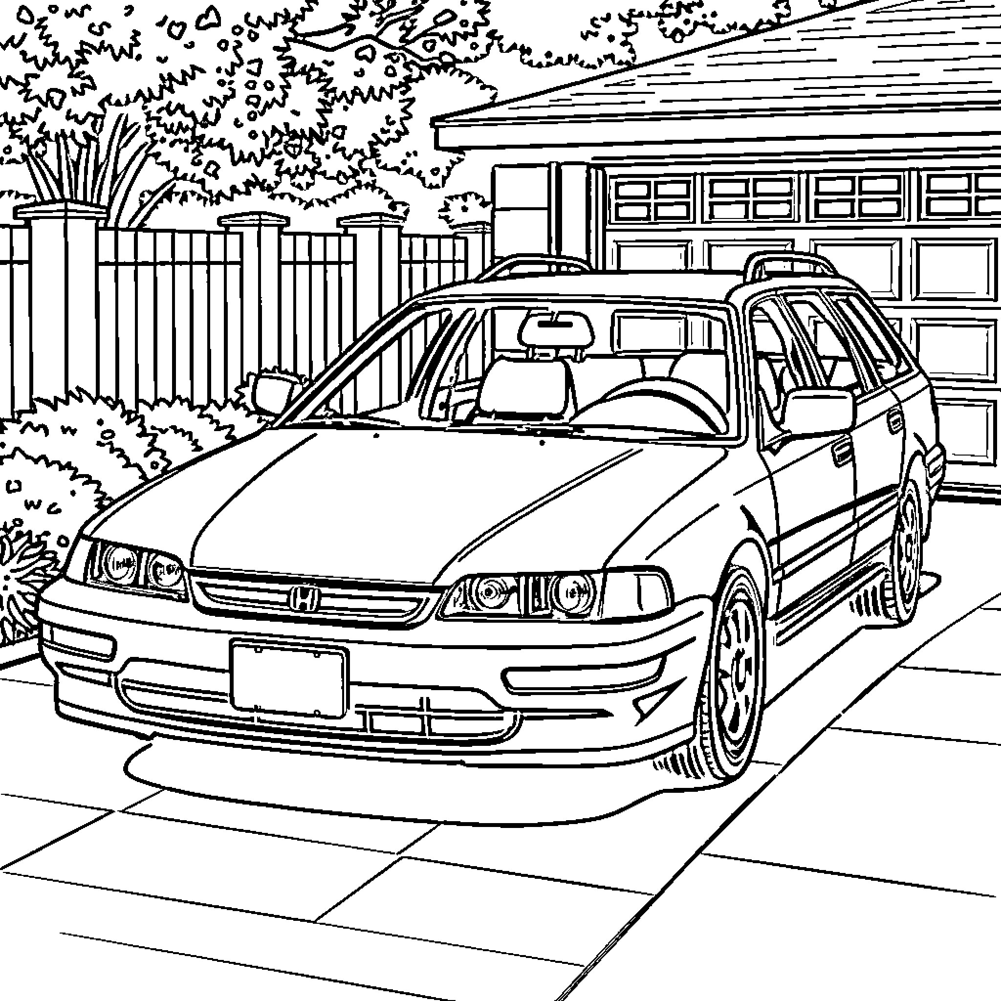Accord Wagon Parked in Suburban Driveway Coloring Page (free black-and-white line drawing printable PDF for all, from beginners to advanced learners, including children, teens, adults, and seniors)