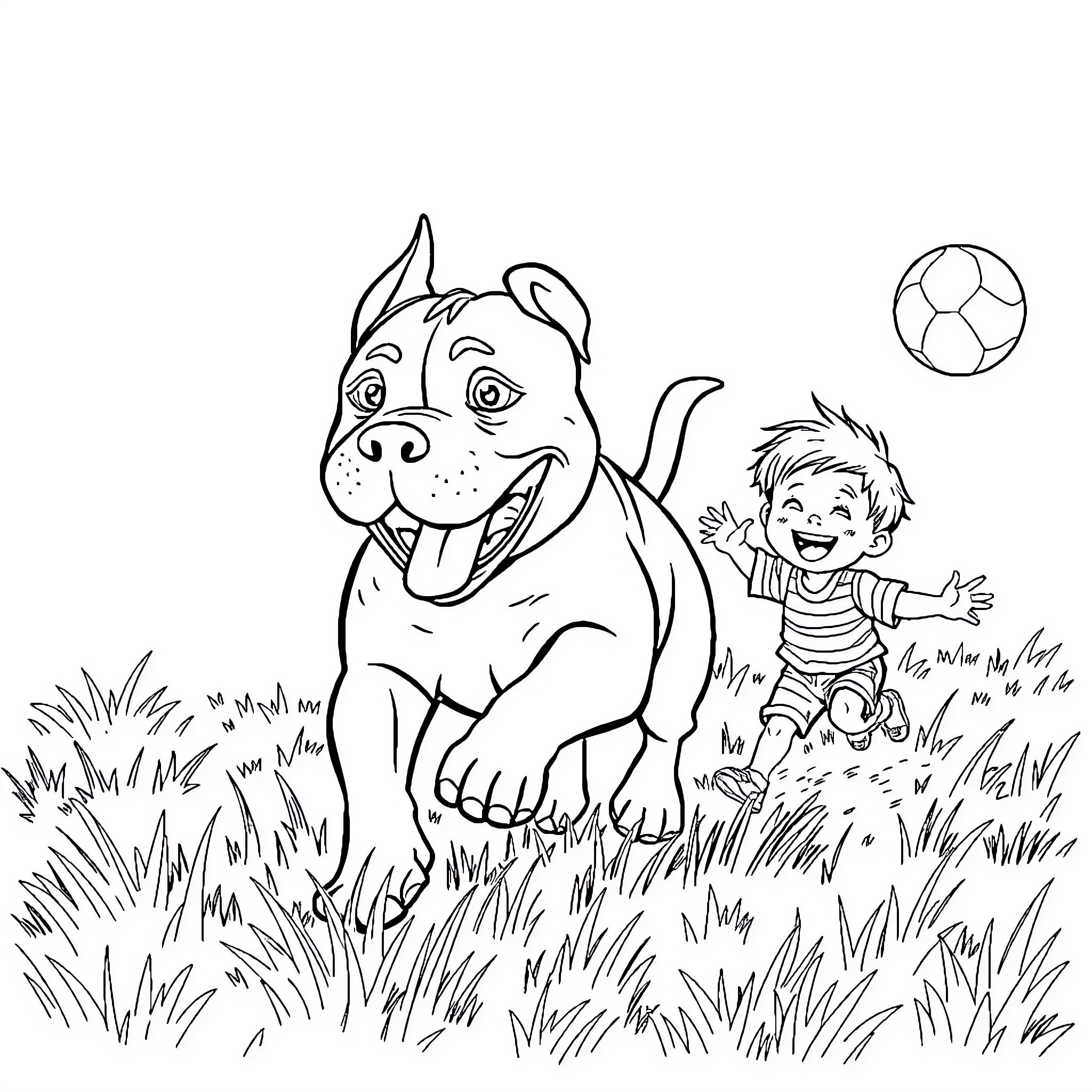 Pitbull playing joyfully with child in the park Coloring Page (free black-and-white line drawing printable PDF for all, from beginners to advanced learners, including children, teens, adults, and seniors)