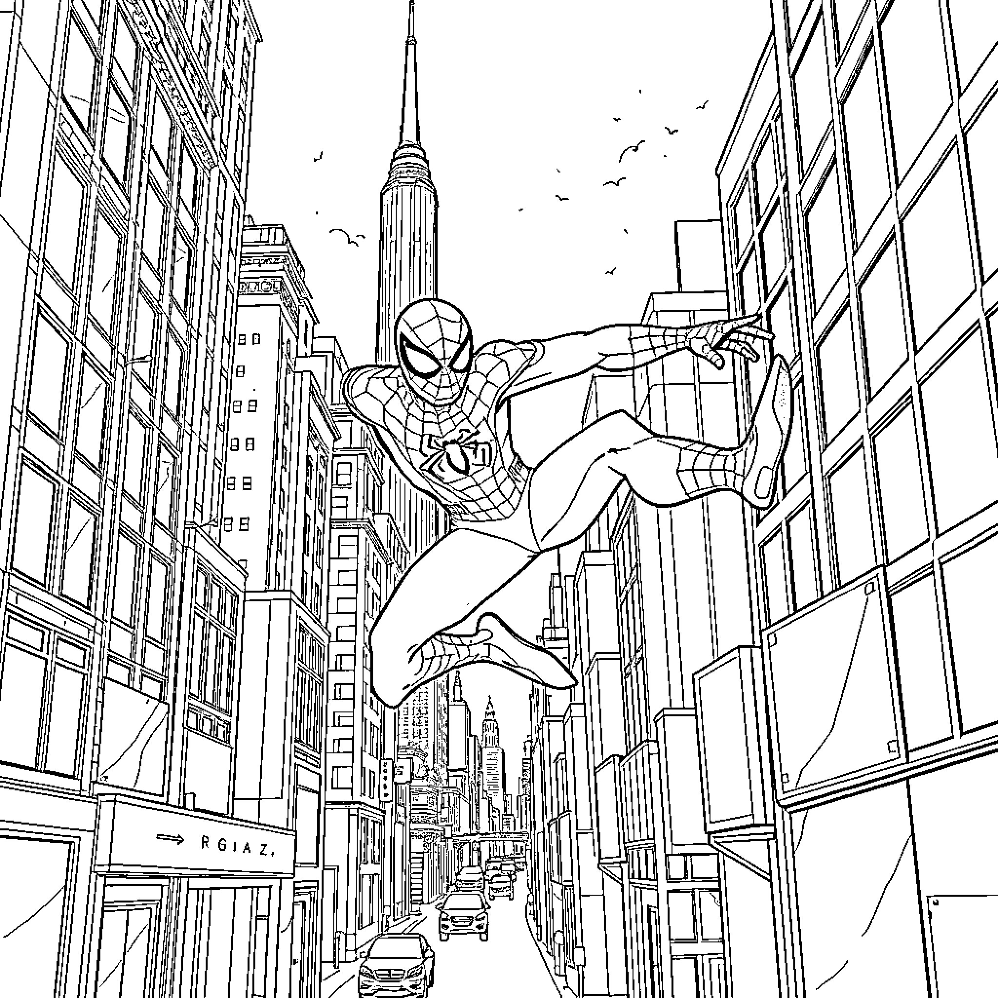 Spider-Man swinging through the city skyline Coloring Page (free black-and-white line drawing printable PDF for all, from beginners to advanced learners, including children, teens, adults, and seniors)
