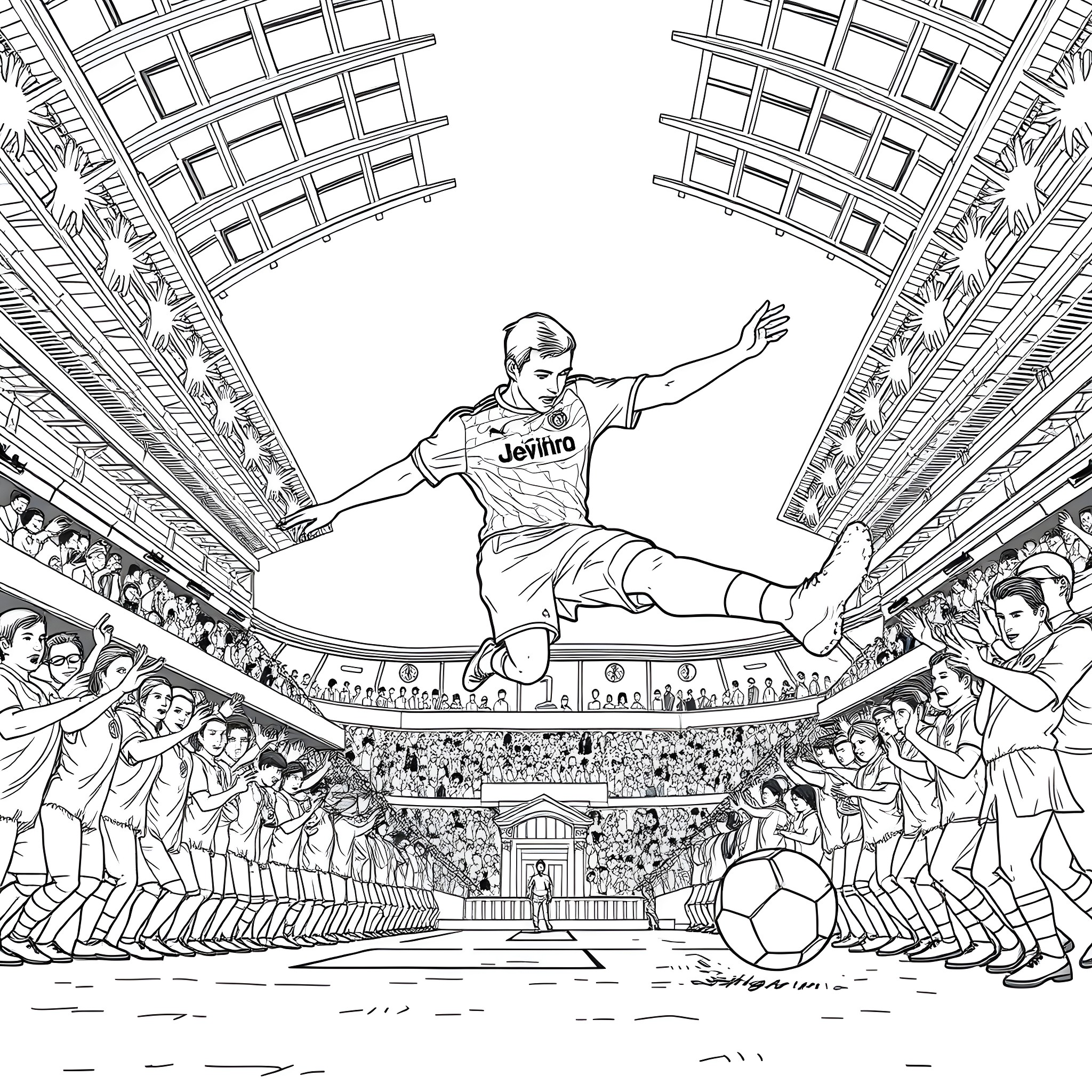 Football Player Performing Amazing Acrobatic Move on Field Coloring Page (free black-and-white line drawing printable PDF for all, from beginners to advanced learners, including children, teens, adults, and seniors)