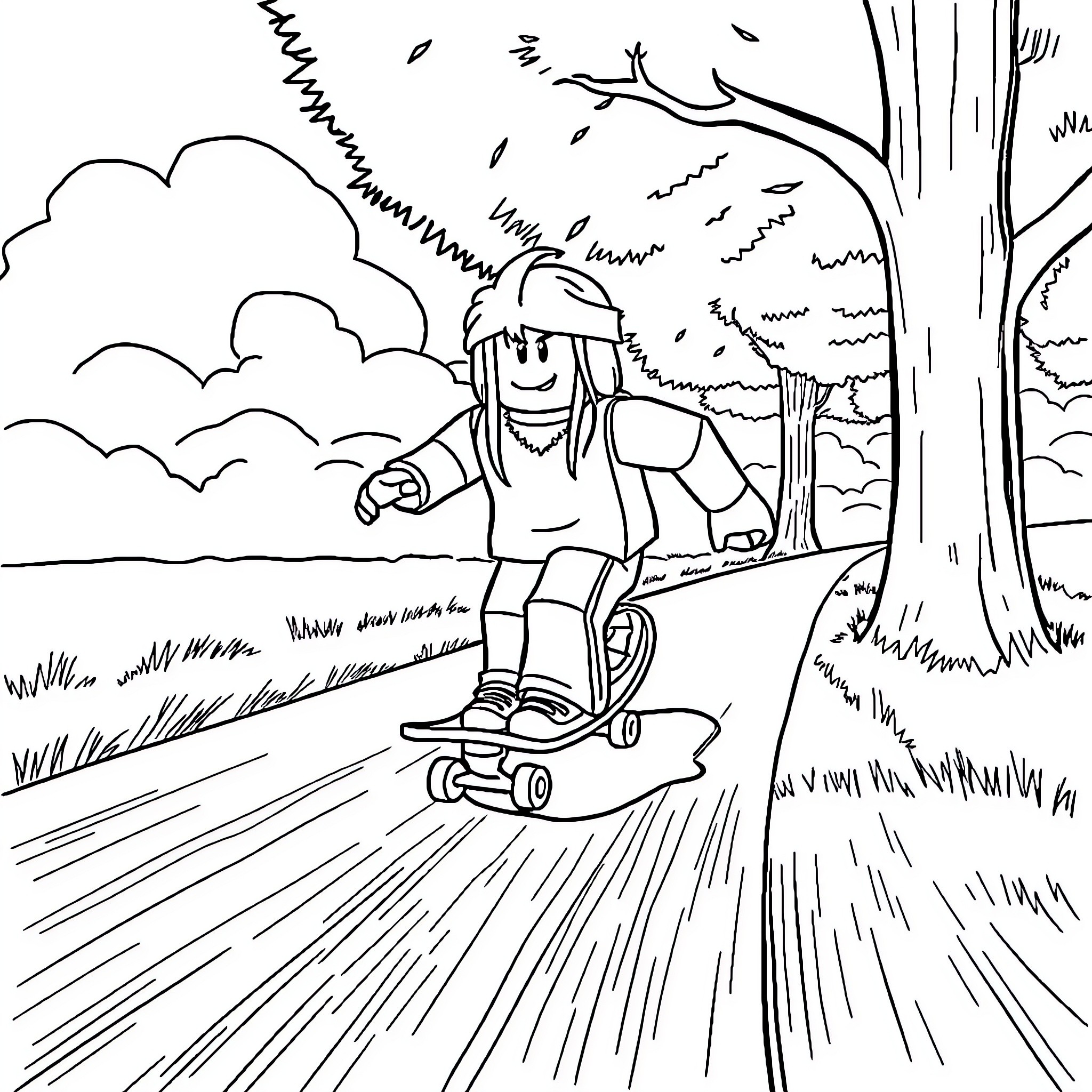 Roblox Character Riding Skateboard in Outdoor Scene Coloring Page (free black-and-white line drawing printable PDF for all, from beginners to advanced learners, including children, teens, adults, and seniors)
