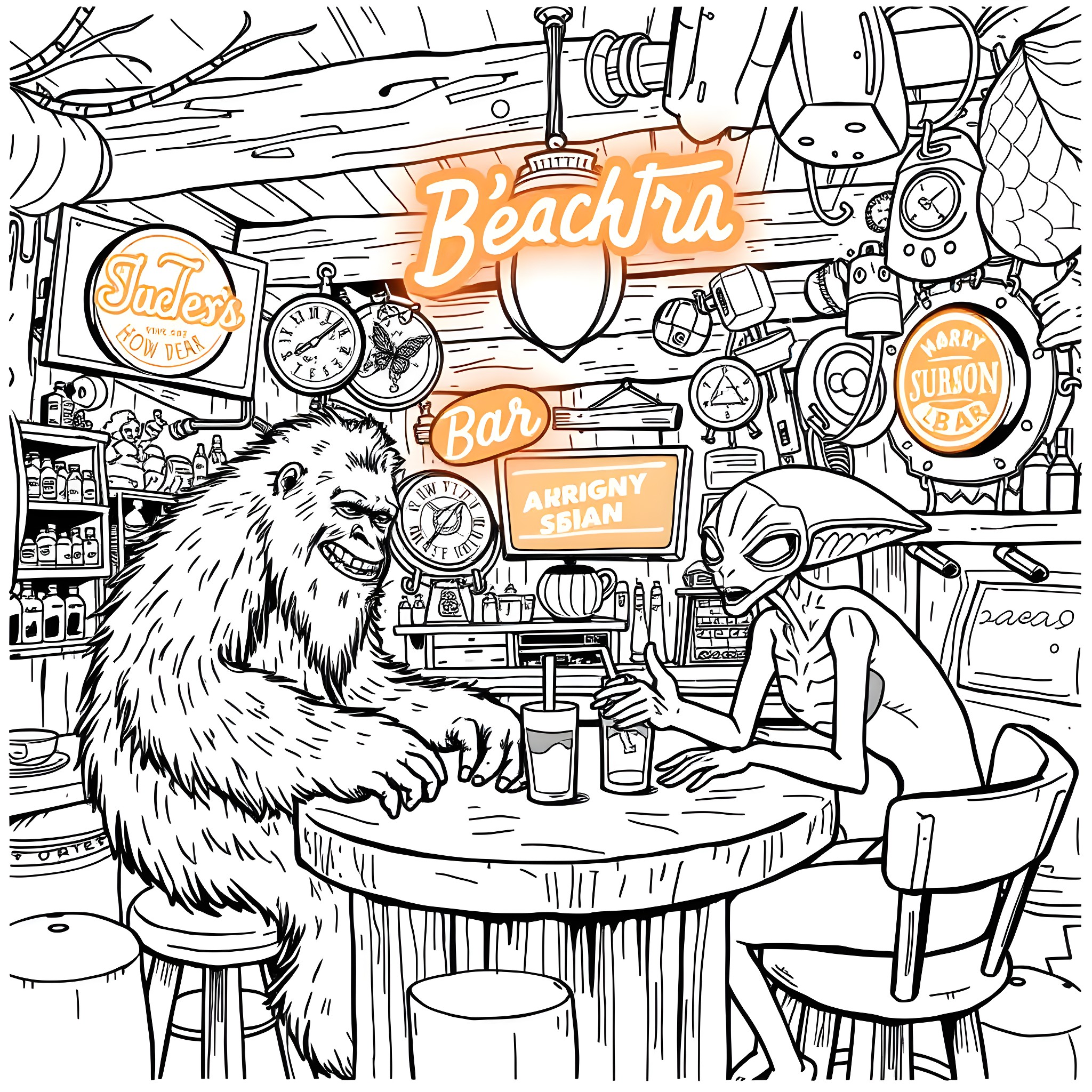 Bigfoot enjoying drinks at a lively beachside bar Coloring Page (free black-and-white line drawing printable PDF for all, from beginners to advanced learners, including children, teens, adults, and seniors)