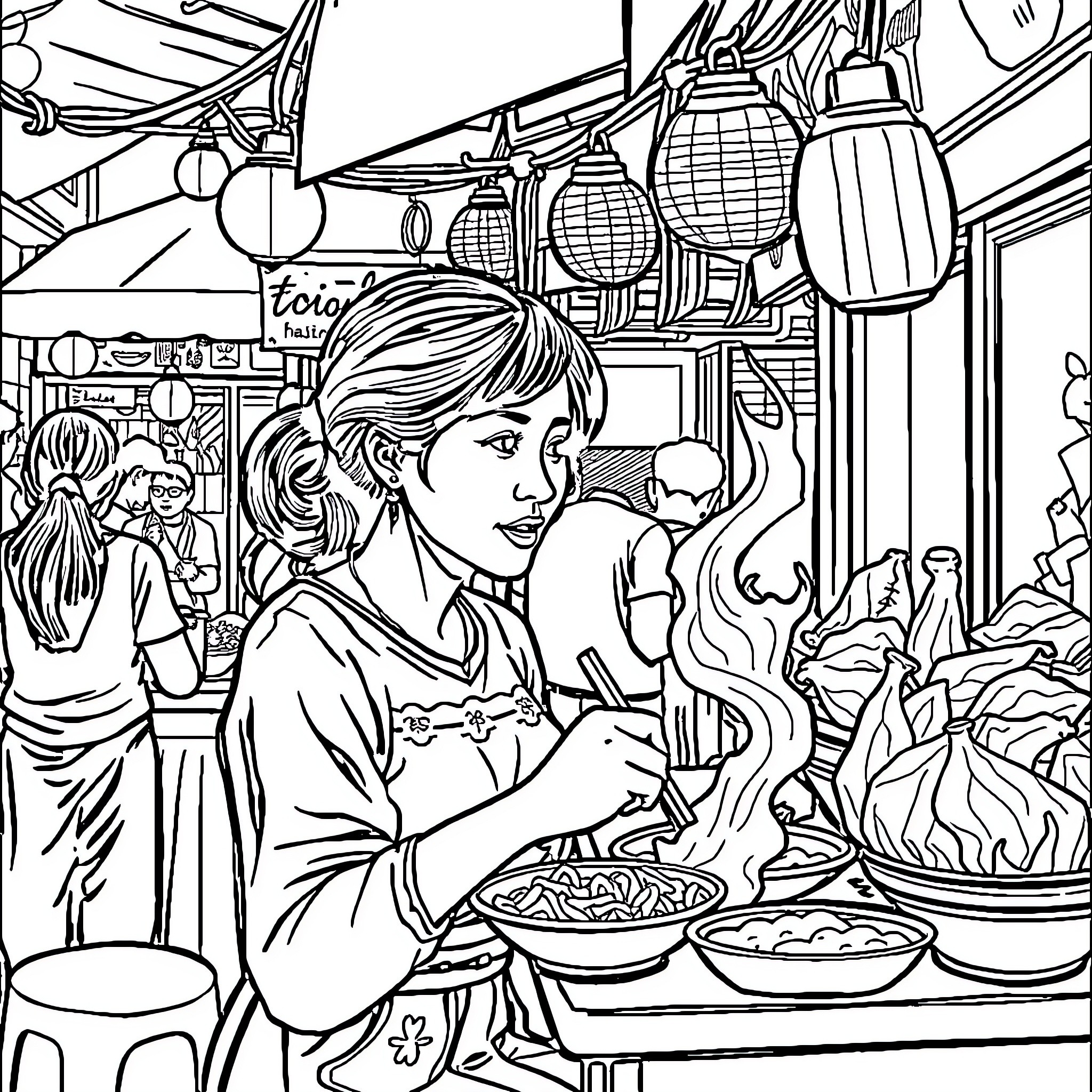Lady Shopping at the Vibrant Night Market Coloring Page (free black-and-white line drawing printable PDF for all, from beginners to advanced learners, including children, teens, adults, and seniors)