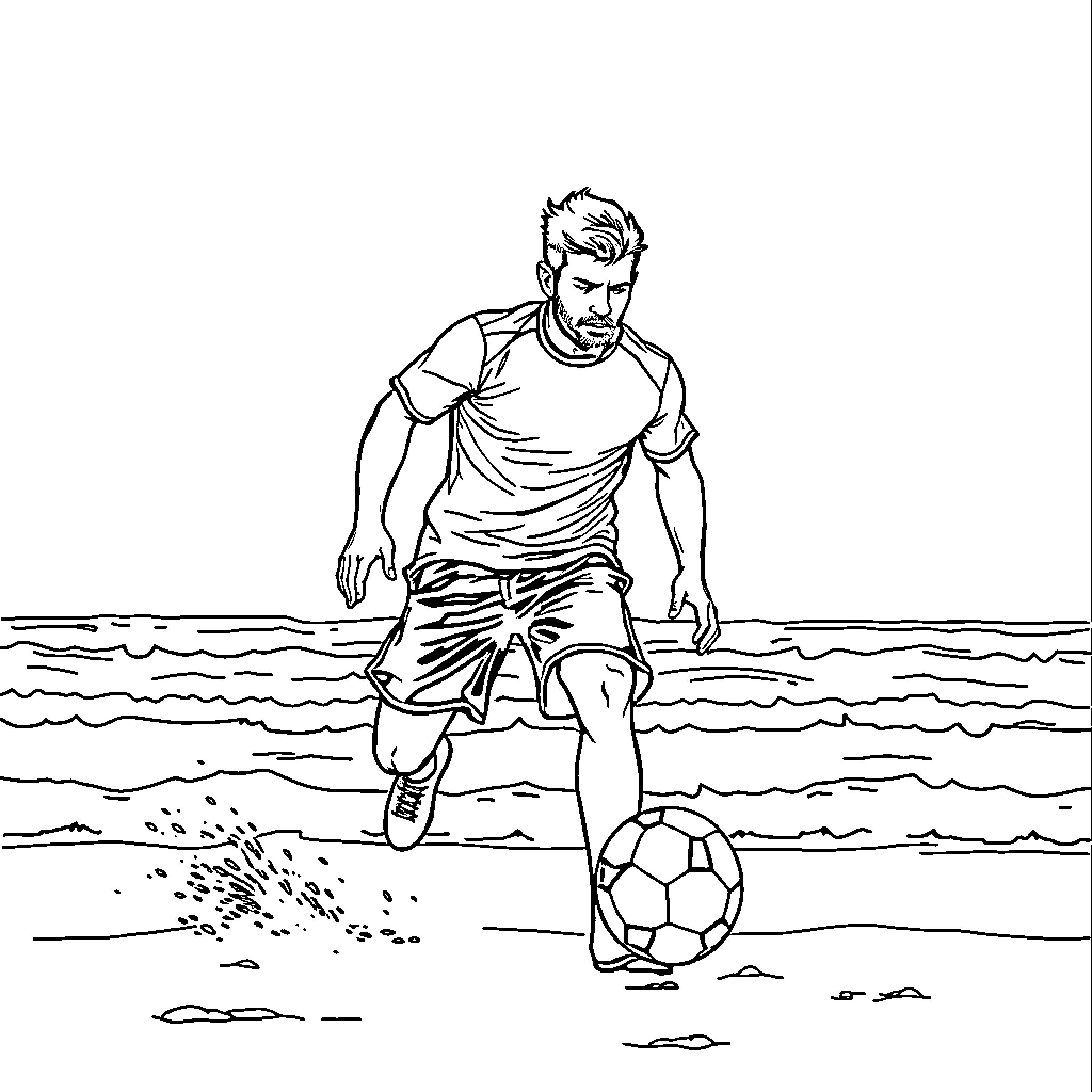 Barman playing soccer on the beach Coloring Page (free black-and-white line drawing printable PDF for all, from beginners to advanced learners, including children, teens, adults, and seniors)