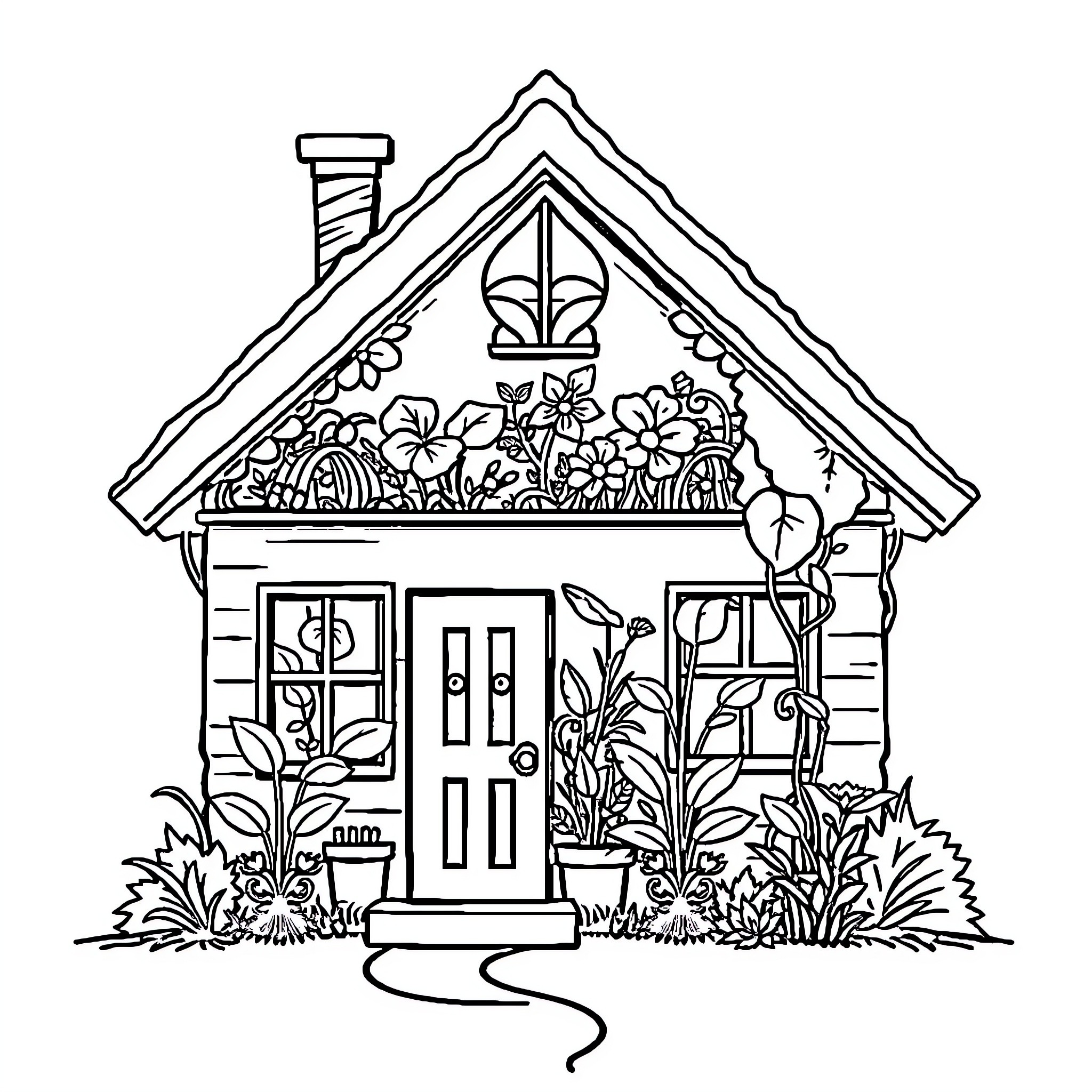 House with Flourishing Floral Garden Coloring Page (free black-and-white line drawing printable PDF for all, from beginners to advanced learners, including children, teens, adults, and seniors)