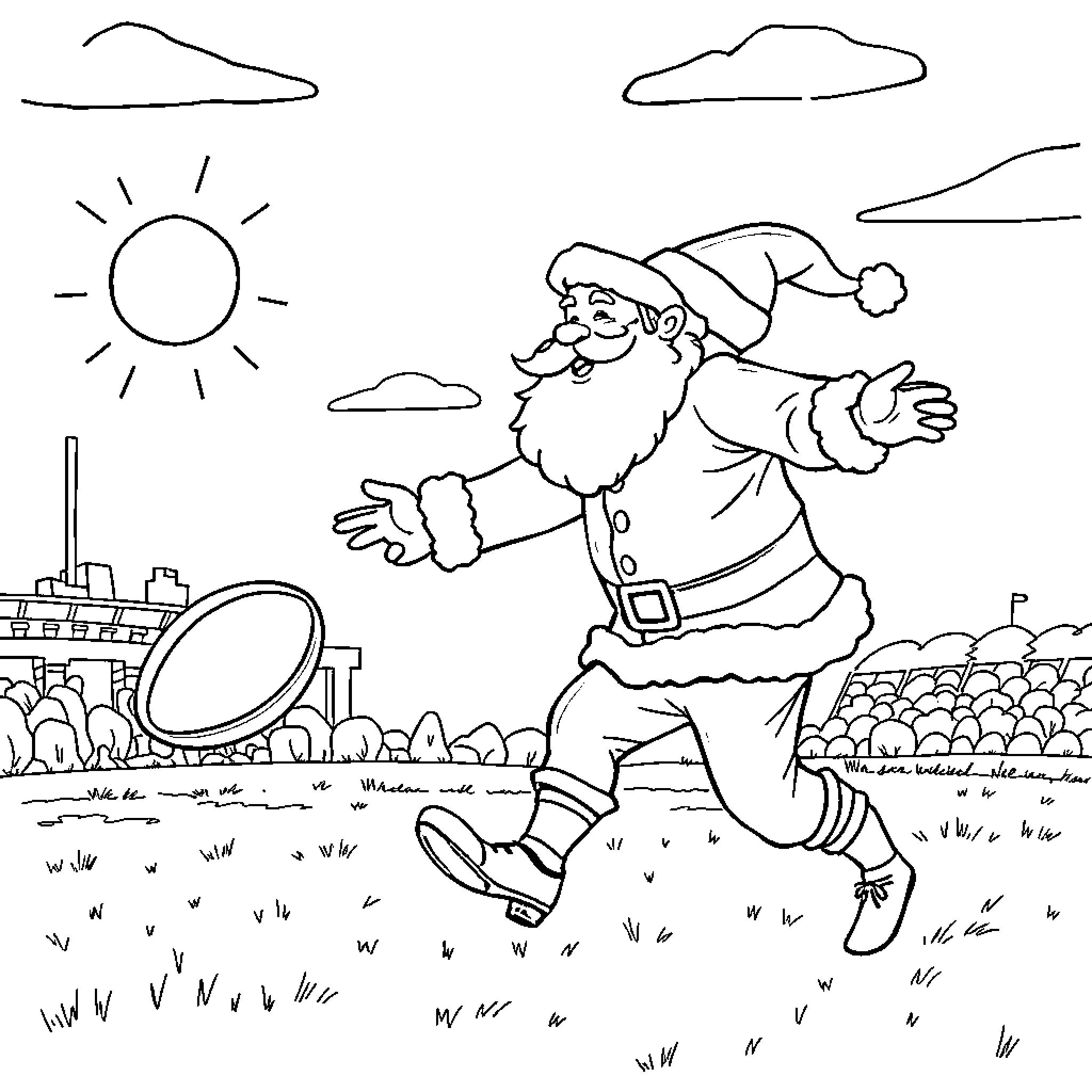 Santa running happily in a snowy landscape Coloring Page (free black-and-white line drawing printable PDF for all, from beginners to advanced learners, including children, teens, adults, and seniors)