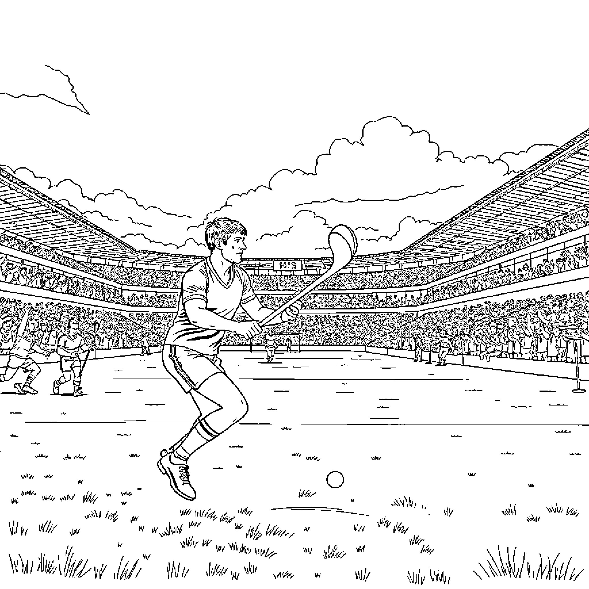 Irishman Competing in a Track and Field Event Coloring Page (free black-and-white line drawing printable PDF for all, from beginners to advanced learners, including children, teens, adults, and seniors)