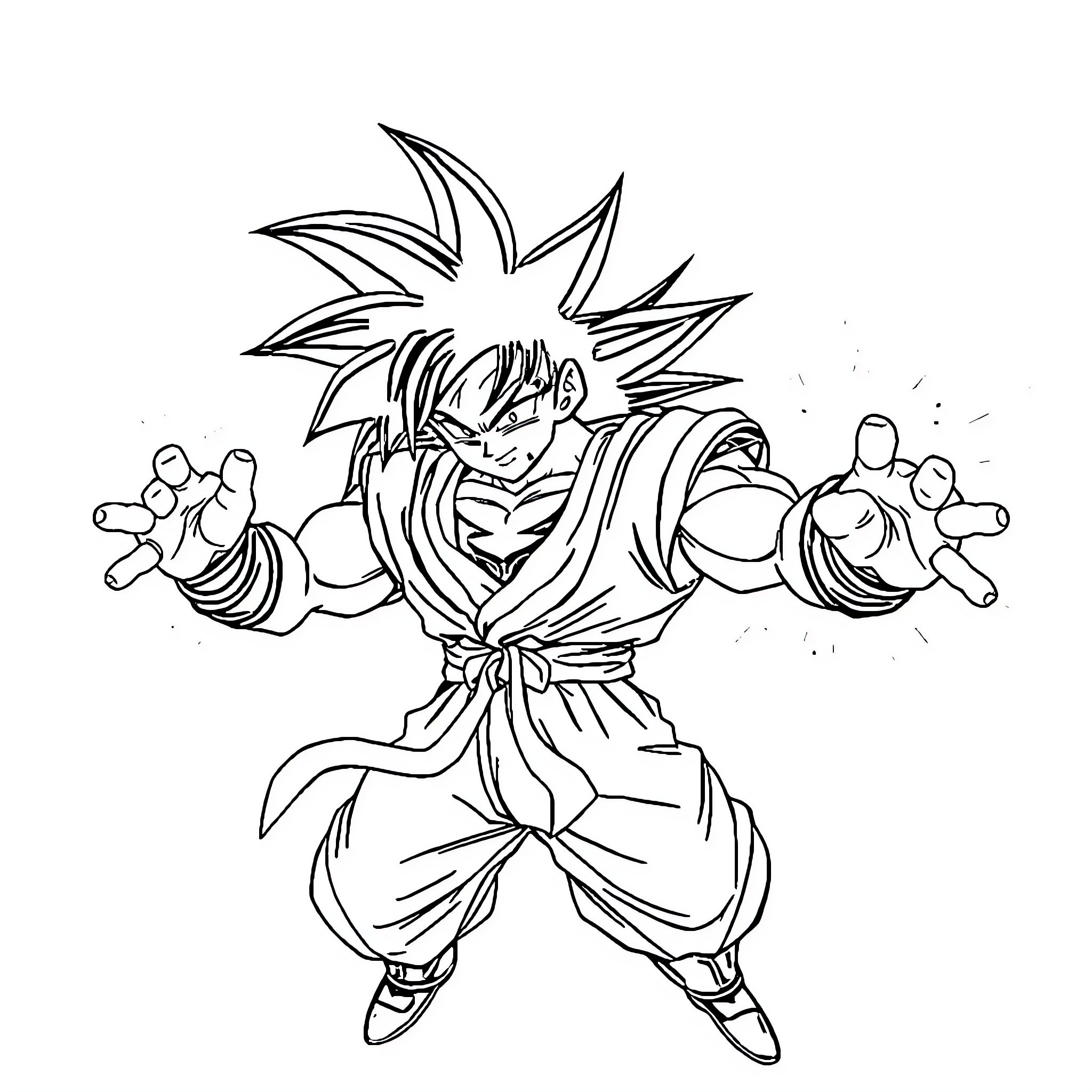 Goku's Intense Battle Stance Coloring Page (free black-and-white line drawing printable PDF for all, from beginners to advanced learners, including children, teens, adults, and seniors)