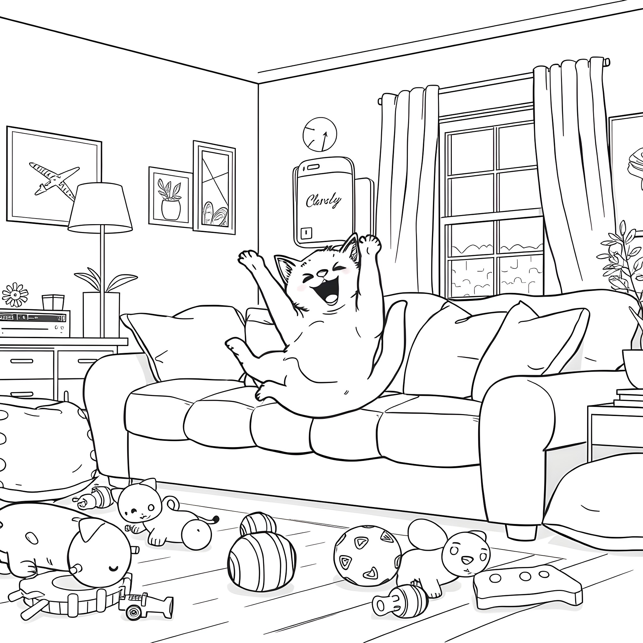 Cat relaxing on couch with toys in living room Coloring Page (free black-and-white line drawing printable PDF for all, from beginners to advanced learners, including children, teens, adults, and seniors)