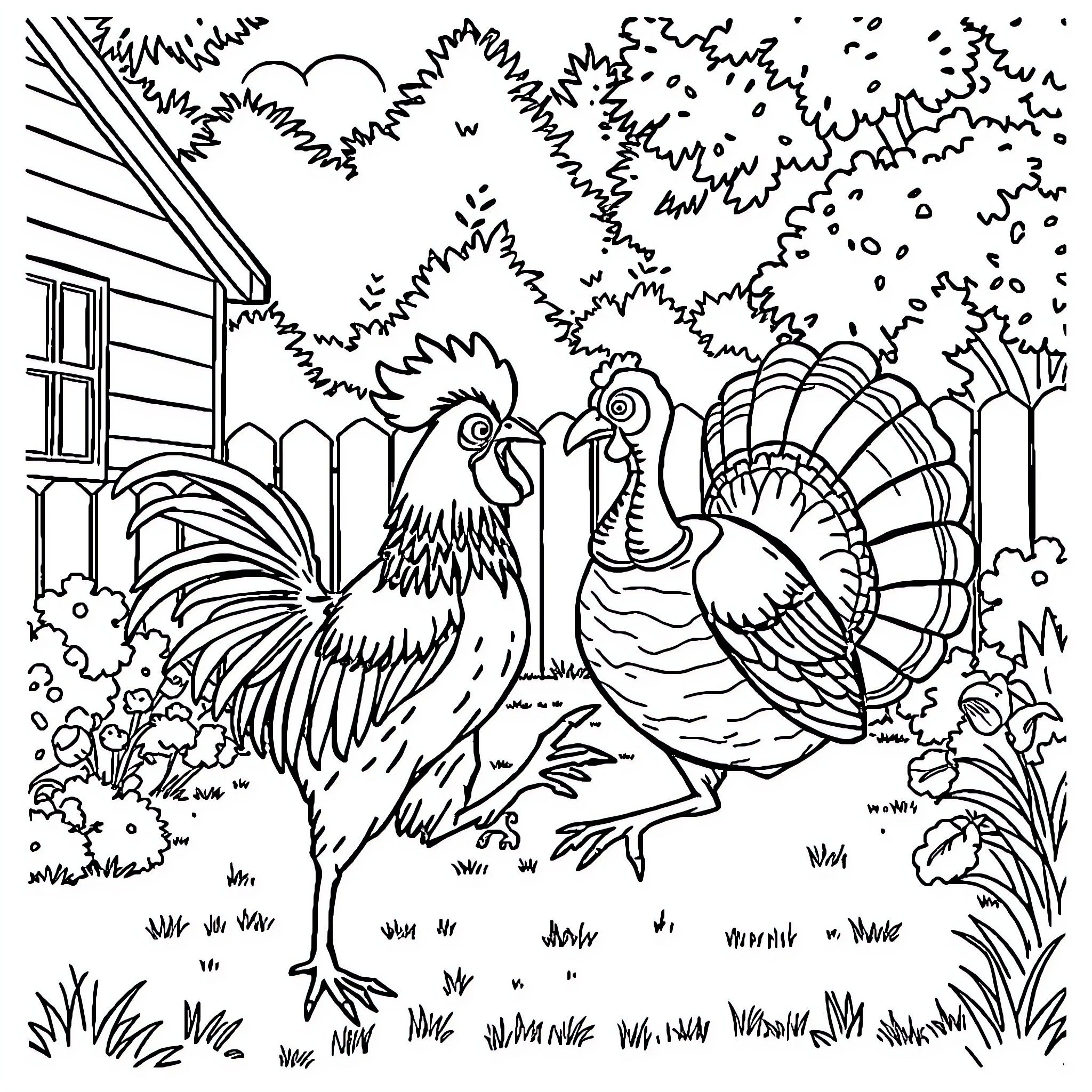 Chickens enjoying a peaceful day in the farmyard Coloring Page (free black-and-white line drawing printable PDF for all, from beginners to advanced learners, including children, teens, adults, and seniors)