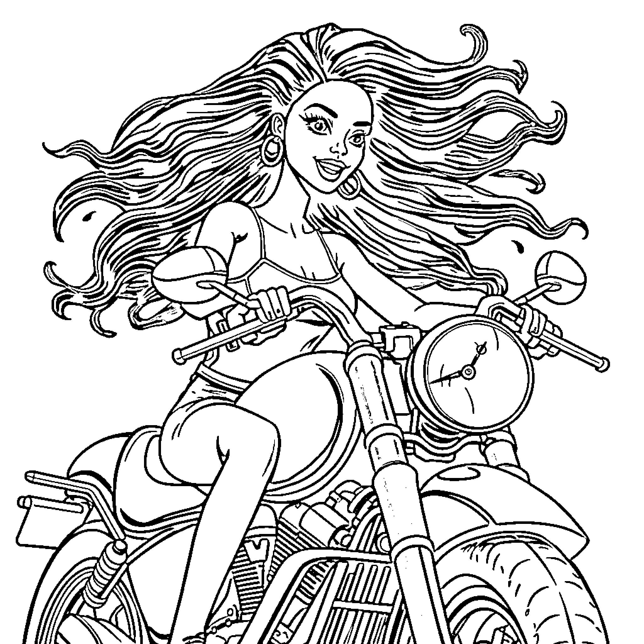 Barbie riding a powerful motorcycle with windswept hair Coloring Page (free black-and-white line drawing printable PDF for all, from beginners to advanced learners, including children, teens, adults, and seniors)